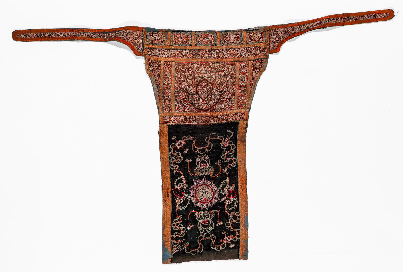 Shui Baby Carrier Textile, 20th Century: Shui Baby Carrier Textile, 20th Century. Baby carrier with two upper borders and central panels of densely packed appliqued elements, silk and foil embroidered elements, and a lower center panel of sc