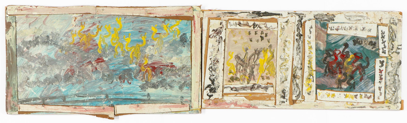 Purvis Young (American, 1943-2010): Purvis Young (American, 1943-2010) Untitled, painting on board, signed. Size: 18'' x 72.25'', 46 x 184 cm (board).