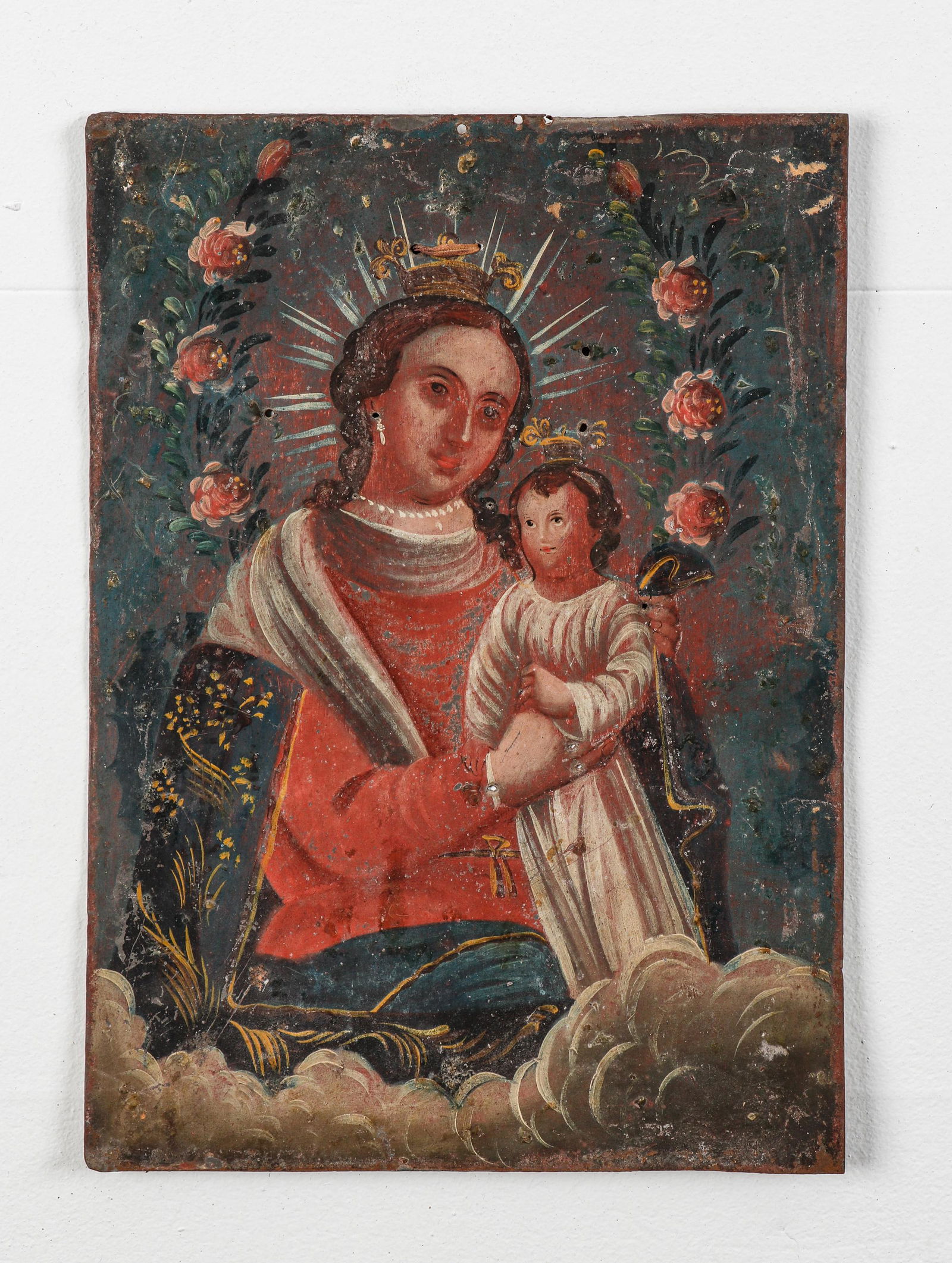 19th C. Mexican Retablo, Our Lady of Refuge: 19th C. Mexican Retablo, Our Lady of Refuge. Oil on tin, unframed. Size: 14'' x 10'', 36 x 25 cm (board). Ex. estate collection of Diana and Lawrence Fane.
