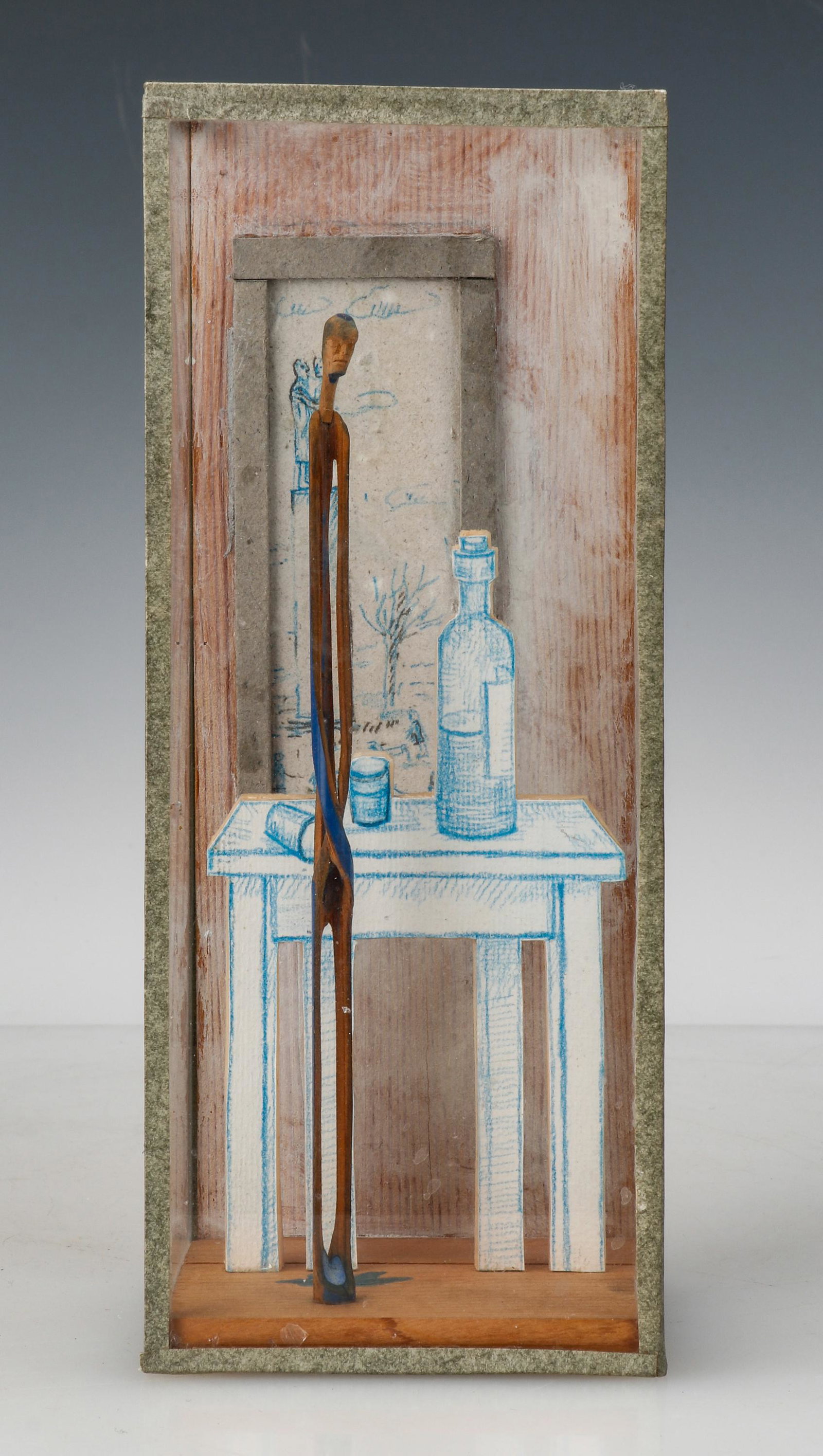 Andras Borocz (Hungarian, b. 1956): Andras Borocz (Hungarian, b. 1956) "Ink Spill," Carved pencil, ink on paper; mixed media construction in glass box. Size: 8.75'' x 3.5'' x 3'' (22 x 9 x 8 cm). Provenance: Adam Baumgold Gallery, NYC.