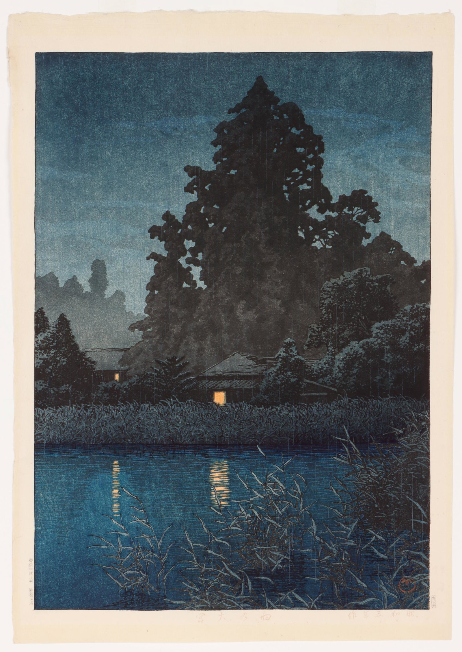 Kawase Hasui (Japanese, 1883-1957): Kawase Hasui (Japanese, 1883-1957) "Rain at Omiya," 1930, publisher Sakai and Kawaguchi, woodblock print. Literature: Kawasi Hasui The Complete Woodblock prints Vol 2, p 396. Provenance: Acquired from