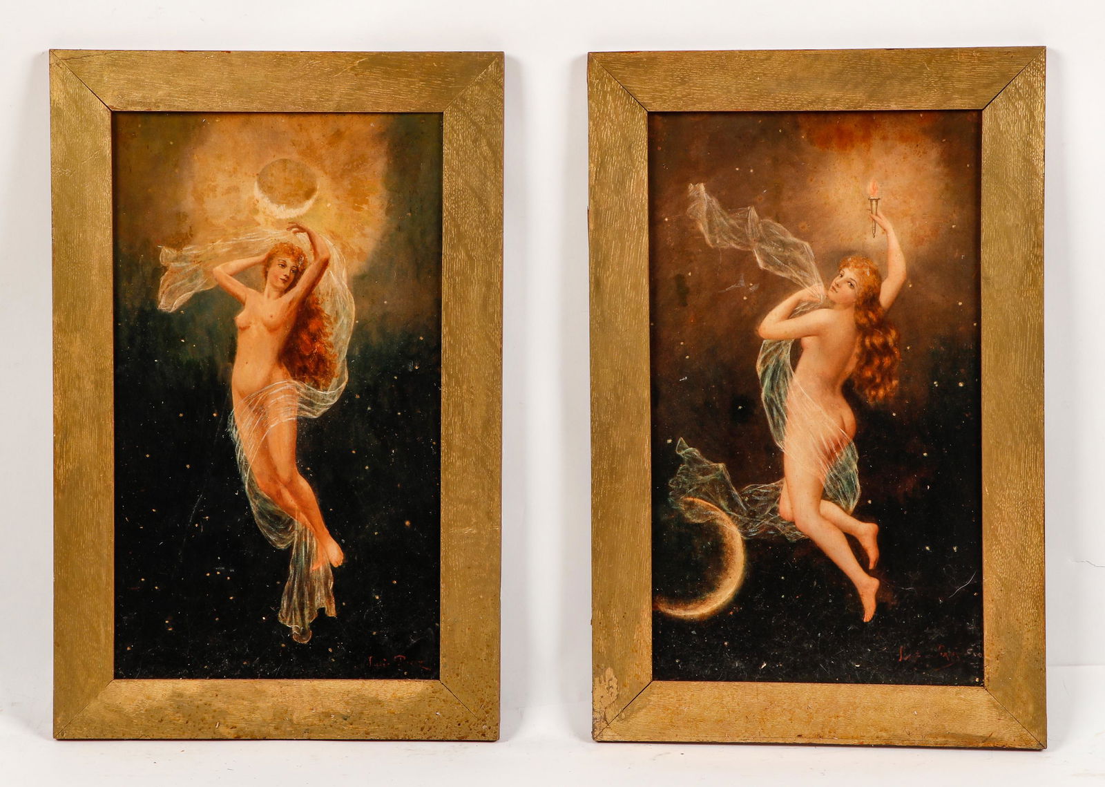 Pair of Art Nouveau Selene/Luna/Moon Goddess Paintings: Pair of Art Nouveau Selene/Luna/Moon Goddess Paintings. Oil painting on boards, signed illegibly. Manner of Carl Schweninger (Austria, 1854-1912). Framed. Size: Each 21.5'' x 12.5'', 55 x 32 cm (board
