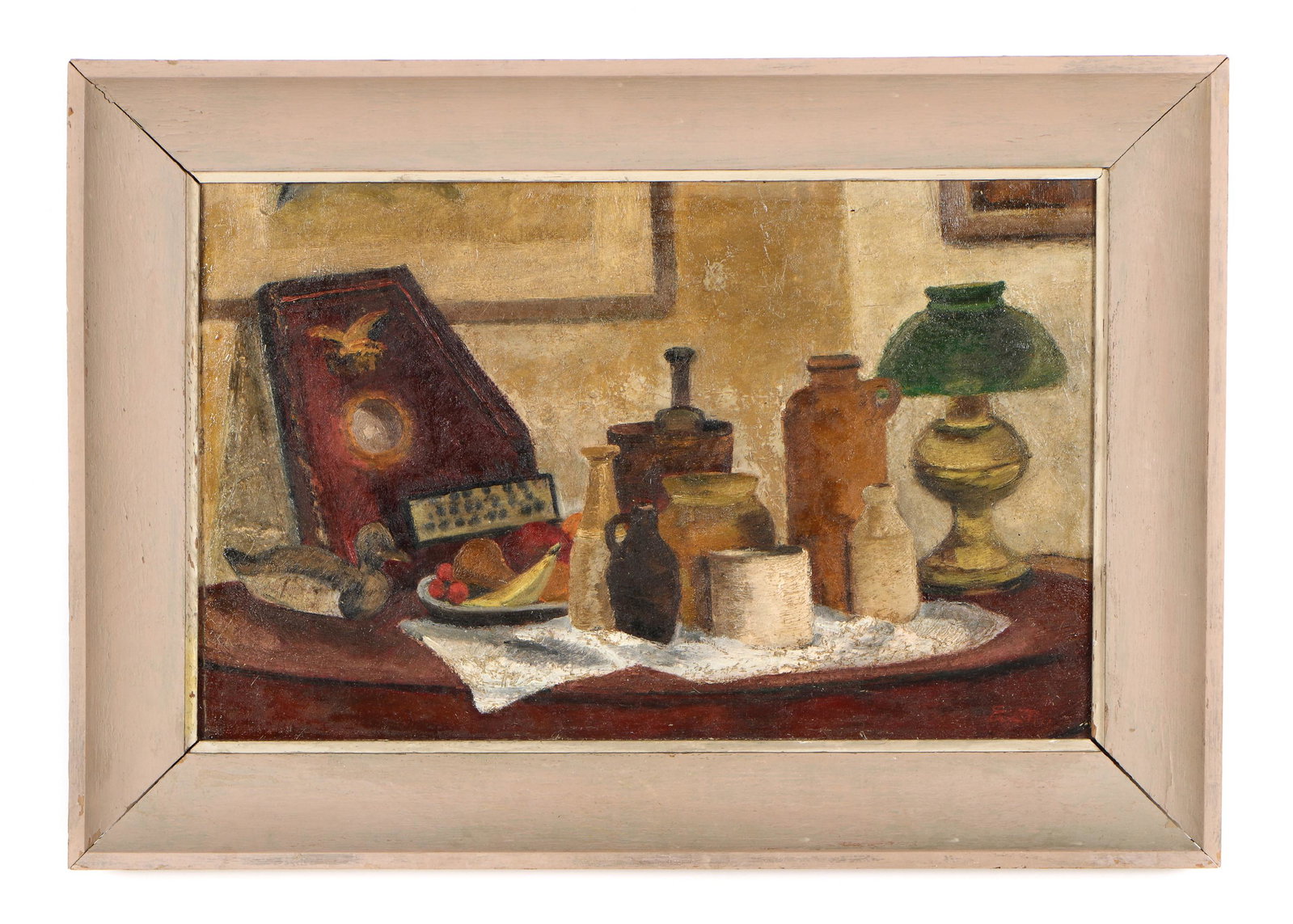 Eva Martino (American, b.1929): Eva Martino (American, b.1929) "Victor Harp", oil painting on board. Size: 12'' x 19'', 30 x 48 cm (board); 16.75'' x 23.75'', 43 x 60 cm (frame).