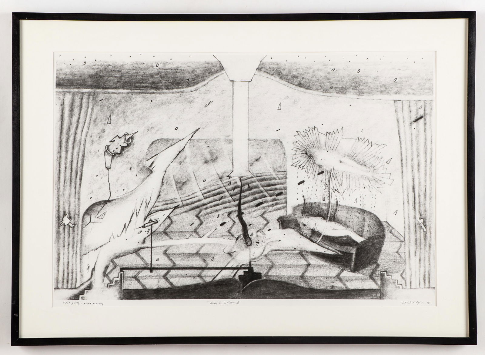 David Lynch (b. 1946) "Nude on Divan II": David Lynch (American, b. 1946) "Nude on Divan II," 1979, silver gelatin photo drawing, Artist Proof, titled, signed and dated in ink. Ex. Collection of Rodger Lapelle, Philadelphia, PA. Size: 18.5''
