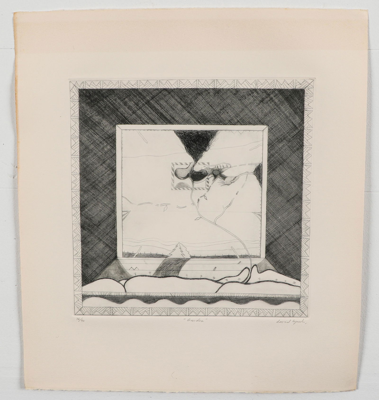 David Lynch (American, B. 1946) "Garden": David Lynch (American, b. 1946) "Garden", 1969, etching, numbered, titled and signed, from an edition of 90. Unframed. Ex. Collection of Rodger Lapelle, Philadelphia, PA. Size: 13.75'' x 13.75'', 35 x