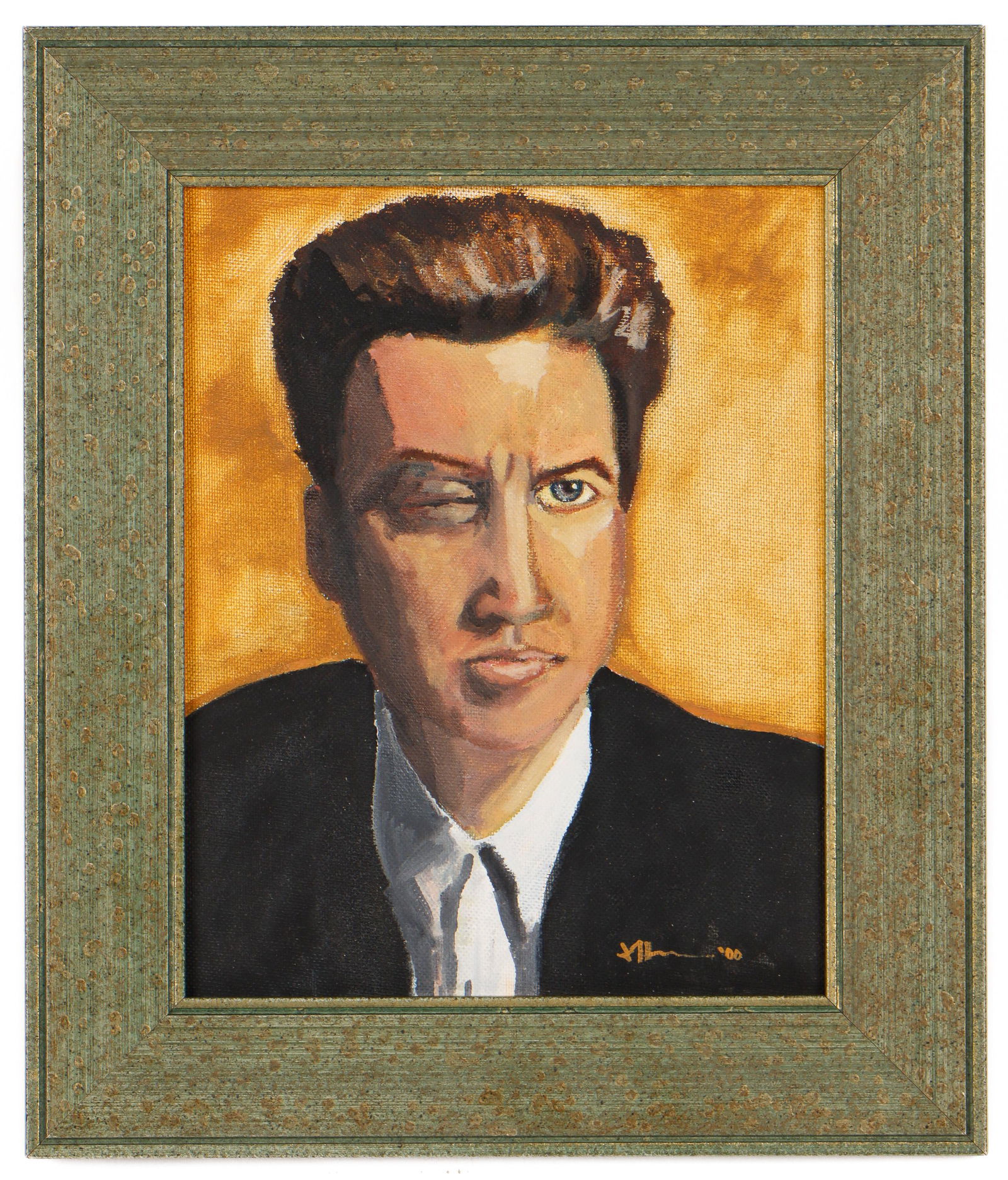 John T. Hannon (American, 20th c.) Portrait of David Lynch: John T. Hannon (American, 20th c.) "David Lynch with a black eye and fat lip", 2000, oil painting on panel, signed and dated. Framed. Size: 9.5'' x 7.5'', 24 x 19 cm (sight); 13.25'' x 11.25'', 34 x 2