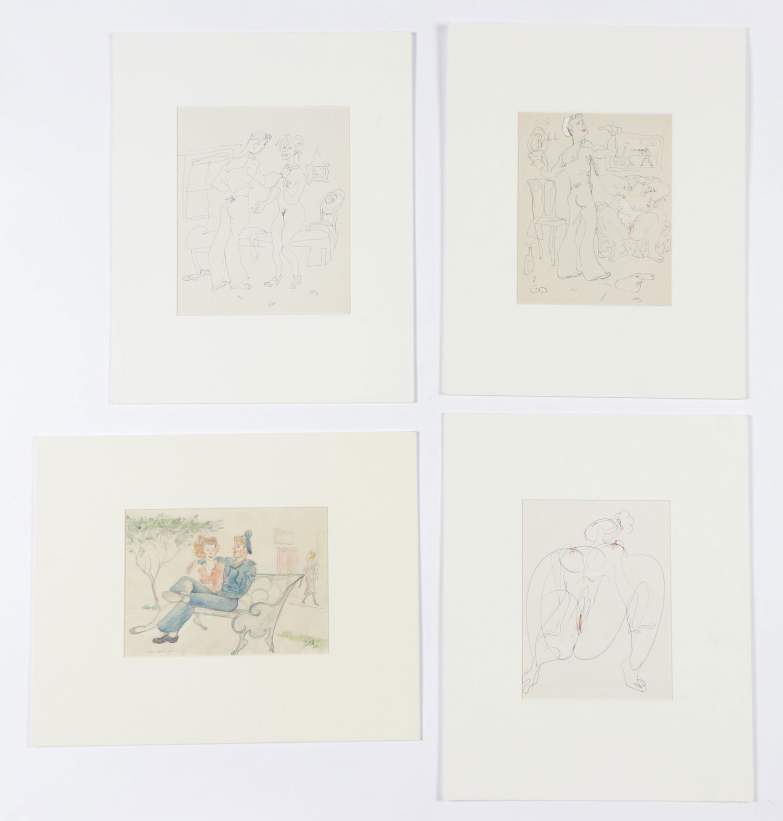 Emlen Etting (1905-1993) 4 Mixed Media: Emlen Pope Etting (American, 1905-1993) 4 Mixed Media Works on Paper, 3 signed, 1 titled "Golden Square London" and dated "66". Each matted. Largest Size: 11'' x 8'', 28 x 20 cm (sheet); 20'' x 16'',