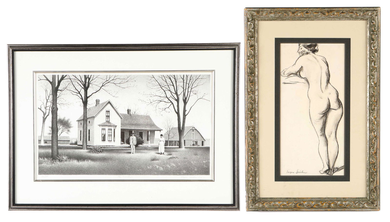 Two Works: Roger Medearis and Eugene Edward Speicher: Two Works: 1) Roger Medearis (American, 1920-2001) "The Heritage," lithograph, signed, titled and numbered: 32/50. Framed; 2) Eugene Edward Speicher (American, 1883-1962) Female Nude, charcoal on pape