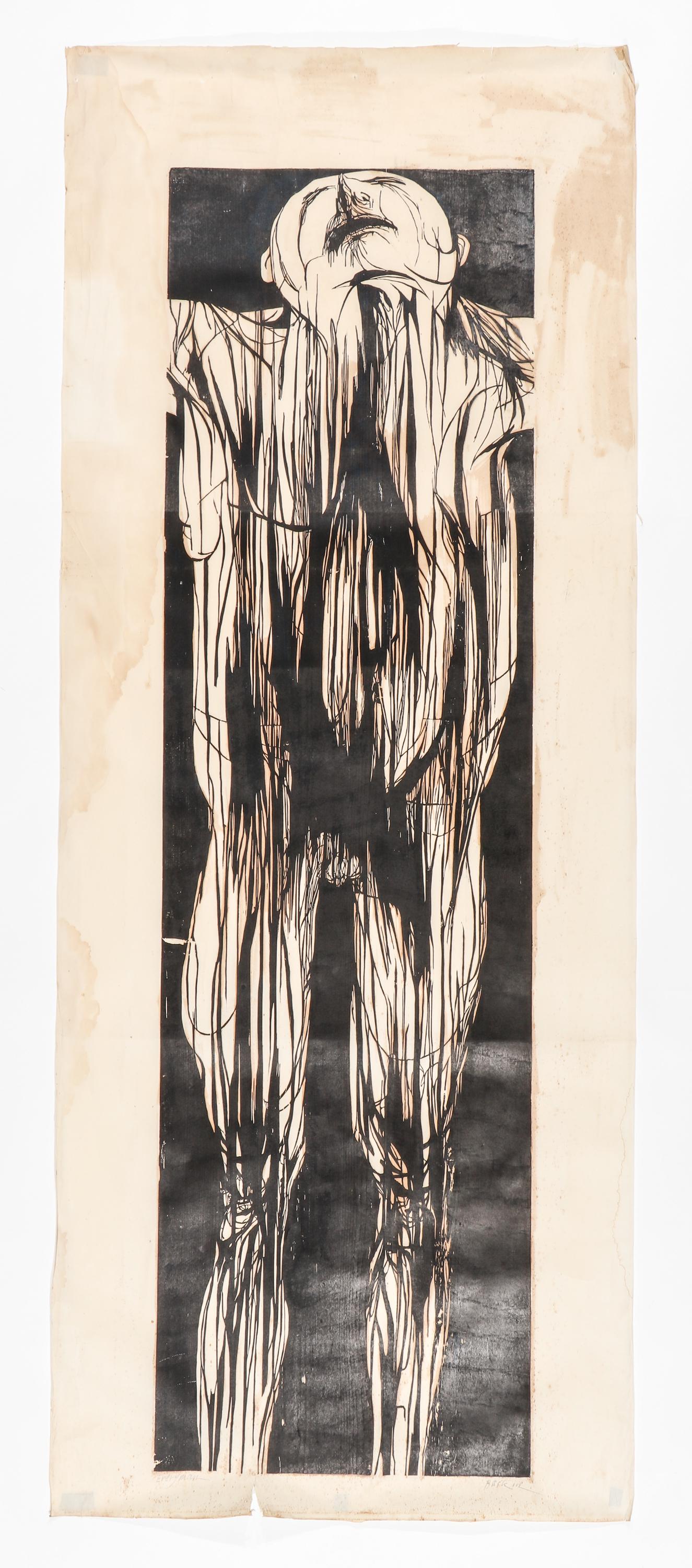 Leonard Baskin (American, 1922-2000): Leonard Baskin (American, 1922-2000) "Everyman," 1960, woodcut print, signed. Size: 82.75'' x 23.5'', 210 x 60 cm (image); 93'' x 36.75'', 236 x 93 cm (sheet).