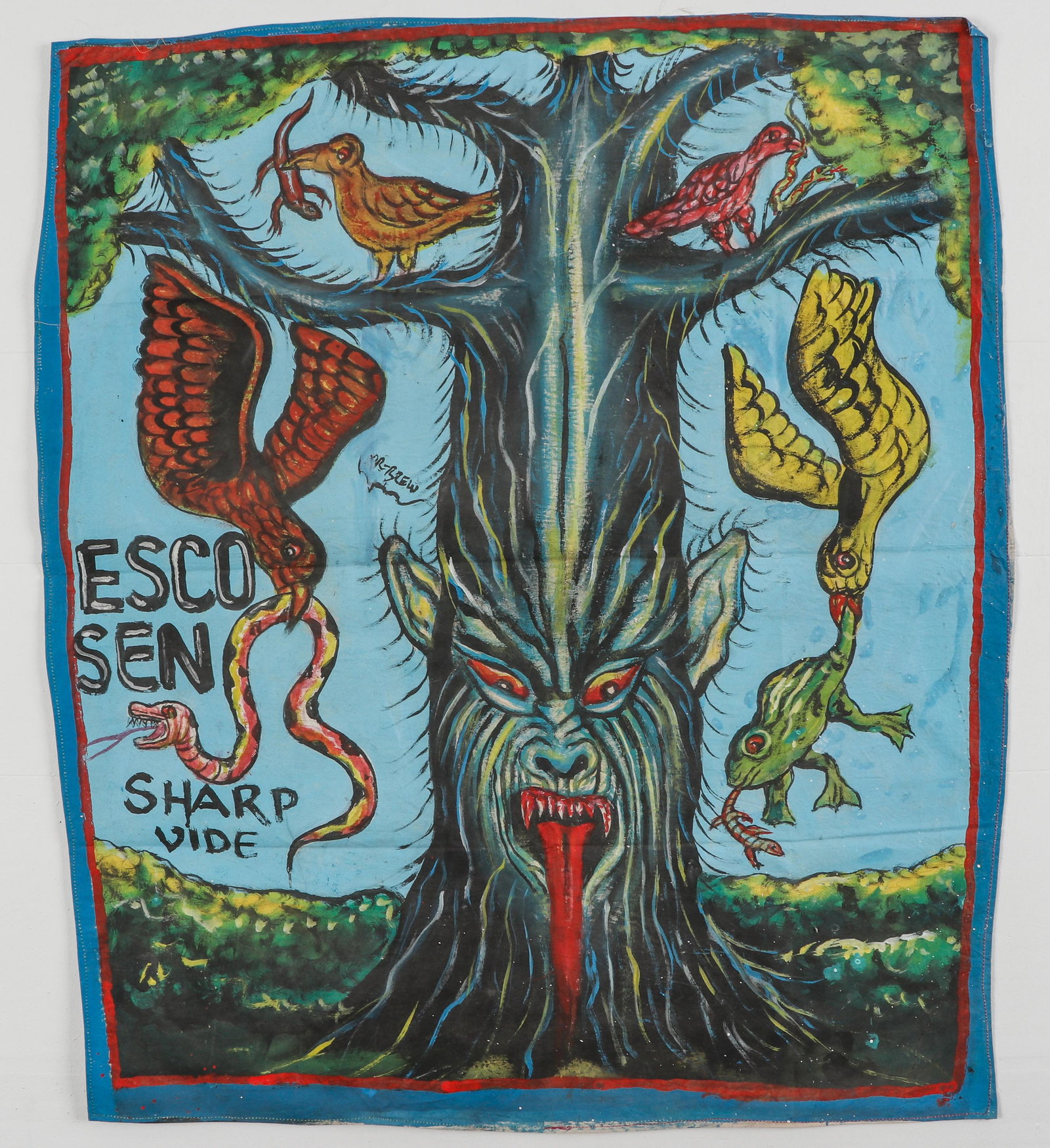 Ghana Folk Painted Cinema Poster: Ghana Folk Painted Cinema Poster: "Escosen," signed Mr. Brew, oil on repurposed flour sack. Unstretched and Unframed. Size: 41.5'' x 35.25'', 105 x 90 cm (sheet).