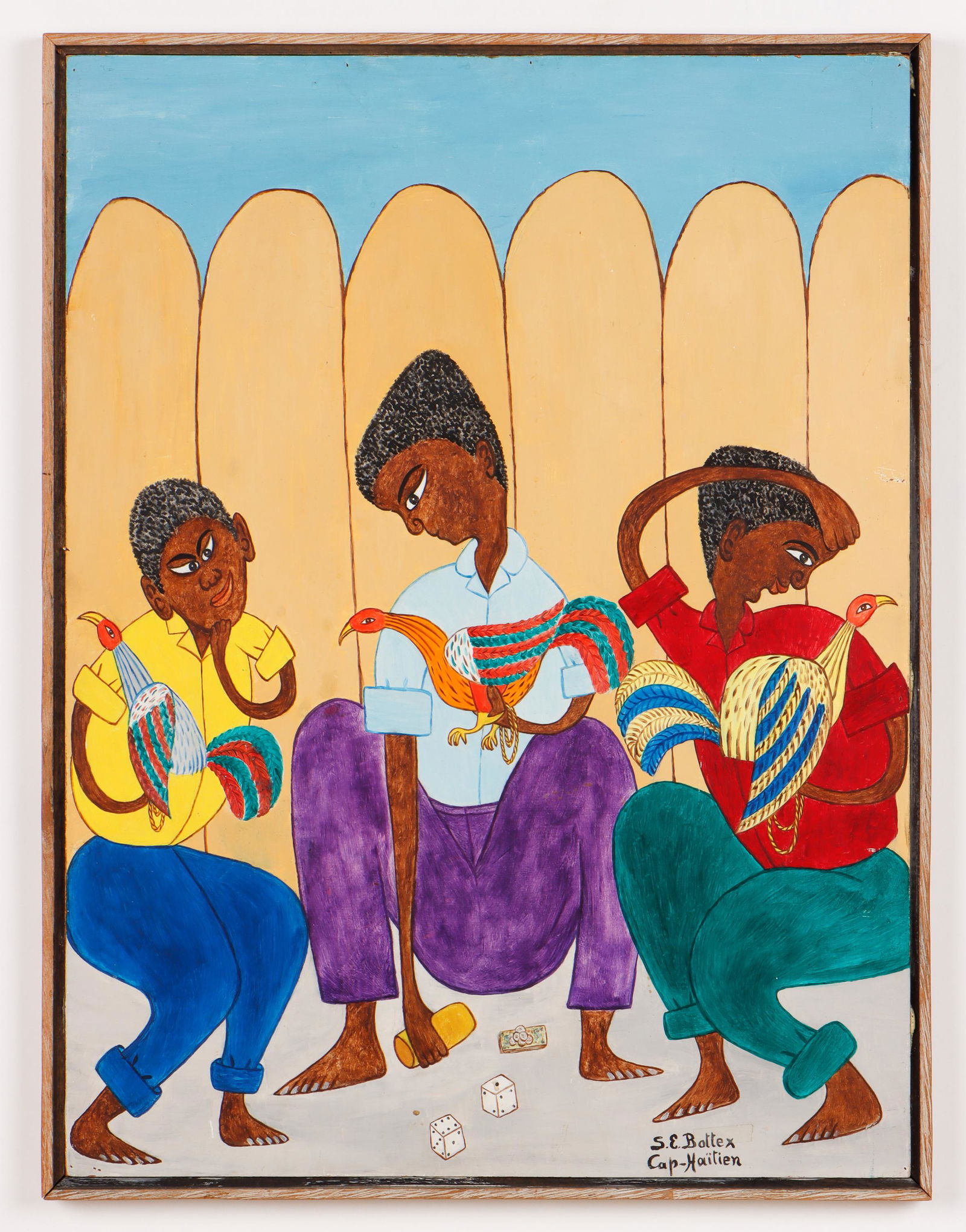 Seymour Etienne Bottex (Haitian, b. 1920): Seymour Etienne Bottex (Haitian, b. 1920) "Figures Gaming in the Street," oil painting on masonite, signed. Framed. Condition: Some surface abrasions. Size: 32'' x 24'', 81 x 61 cm (board); 33'' x 25.