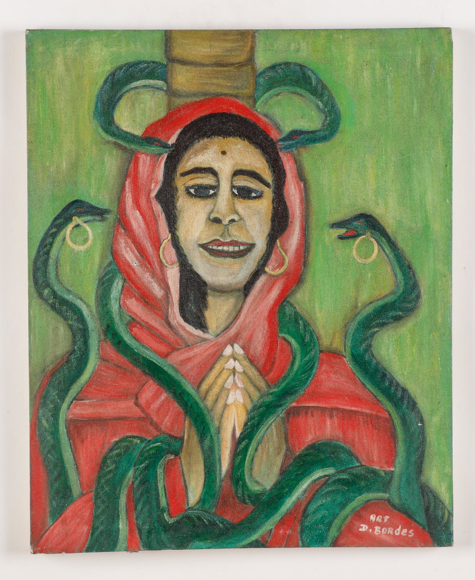 Danice Bordes (Haitian, 20th C.): Danice Bordes (Haitian, 20th C.) Untitled (Snake Charming Lady), oil painting on canvas, signed. Size: 22'' x 17.75'', 56 x 45 cm (stretcher).