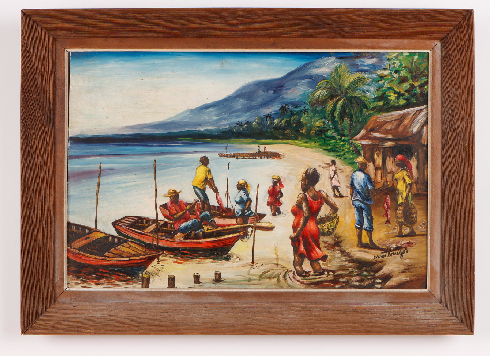 Ernst Louizor (Haitian, 1938-2011): Ernst Louizor (Haitian, 1938-2011) Coastline View, oil painting on board, signed. Framed. Size: 16'' x 23.75'', 41 x 60 cm (board); 21'' x 29'', 53 x 74 cm (frame). Provenance: Nader Gallery, Port-au-