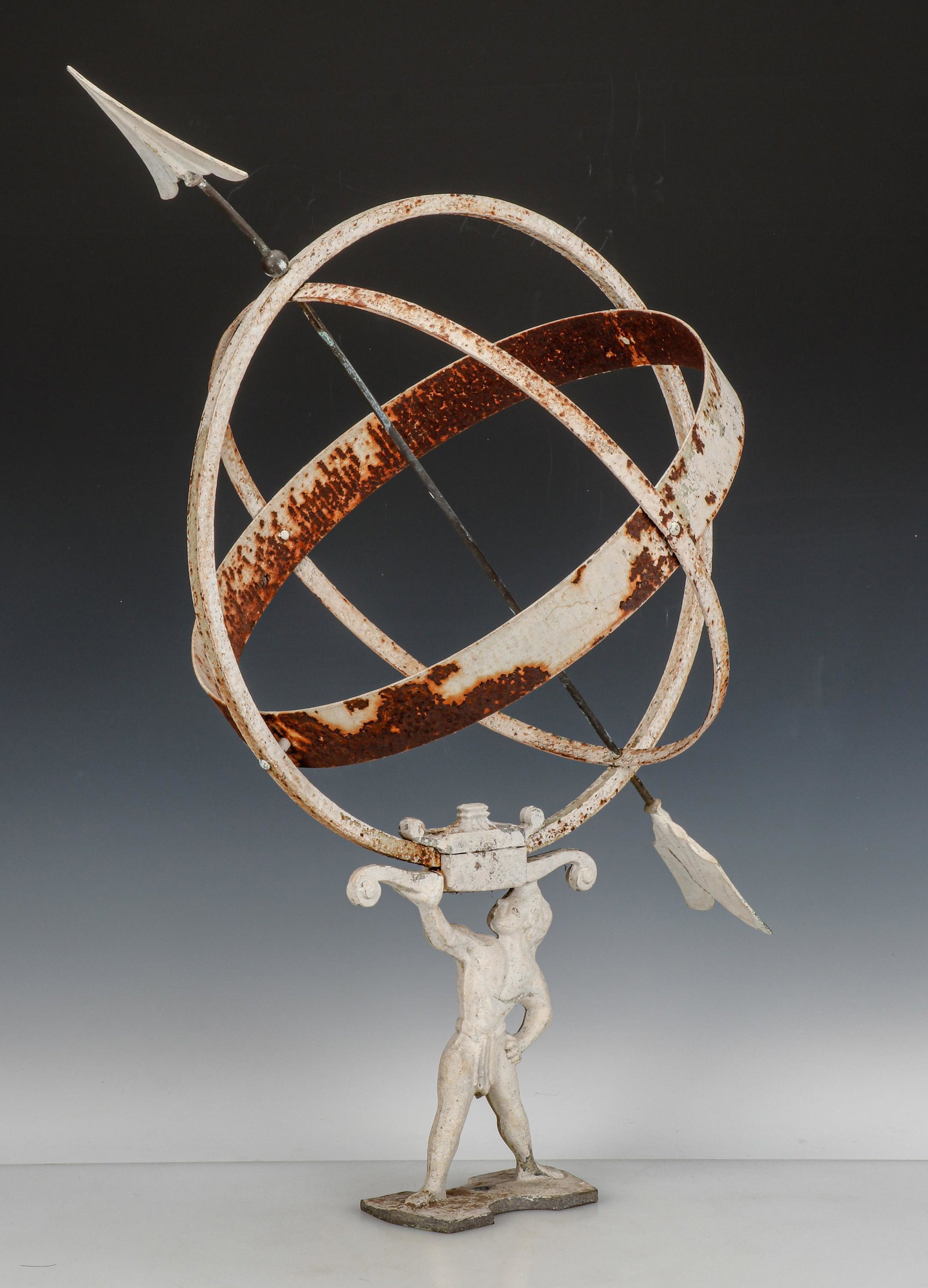 Swedish Armillary Sundial, C. 1950: Swedish Armillary Sundial, C. 1950. Supported by a neoclassical figure. Iron construction. Size: 30.5'' x 23'' x 16'' (77 x 58 x 41 cm). Exhibition and Post-Auction Pickup Location: Material Culture,
