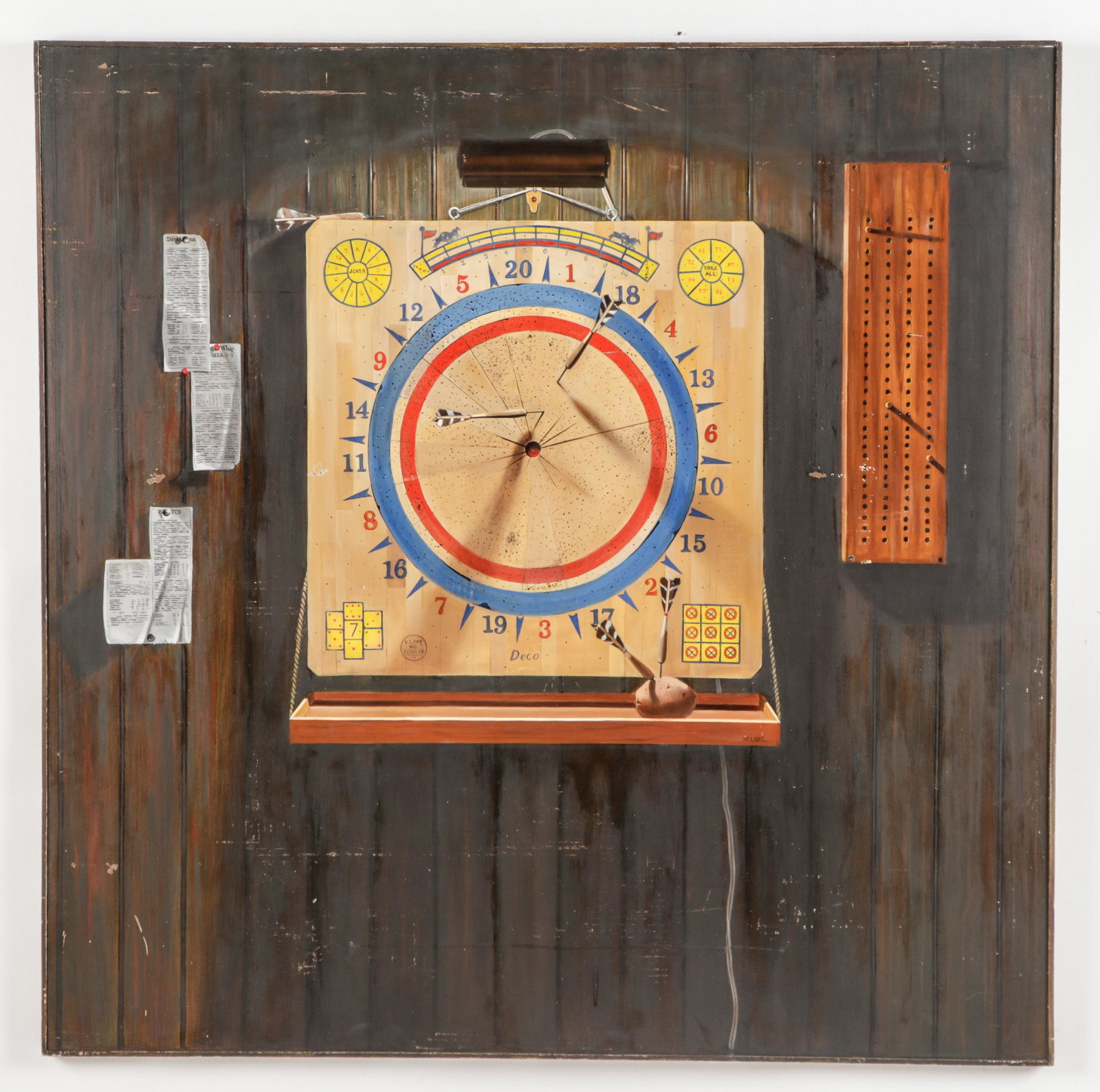 Michael Joseph Molnar (American, b. 1948) "Dart Board," 48.5'' x 48.5'': Michael Joseph Molnar (American, b. 1948) "Dart Board," trompe-l'oeil still life, oil painting on board, signed. Verso with Newman Galleries, Philadelphia, PA paper label. Size: 48.5'' x 48.5'', 123 x