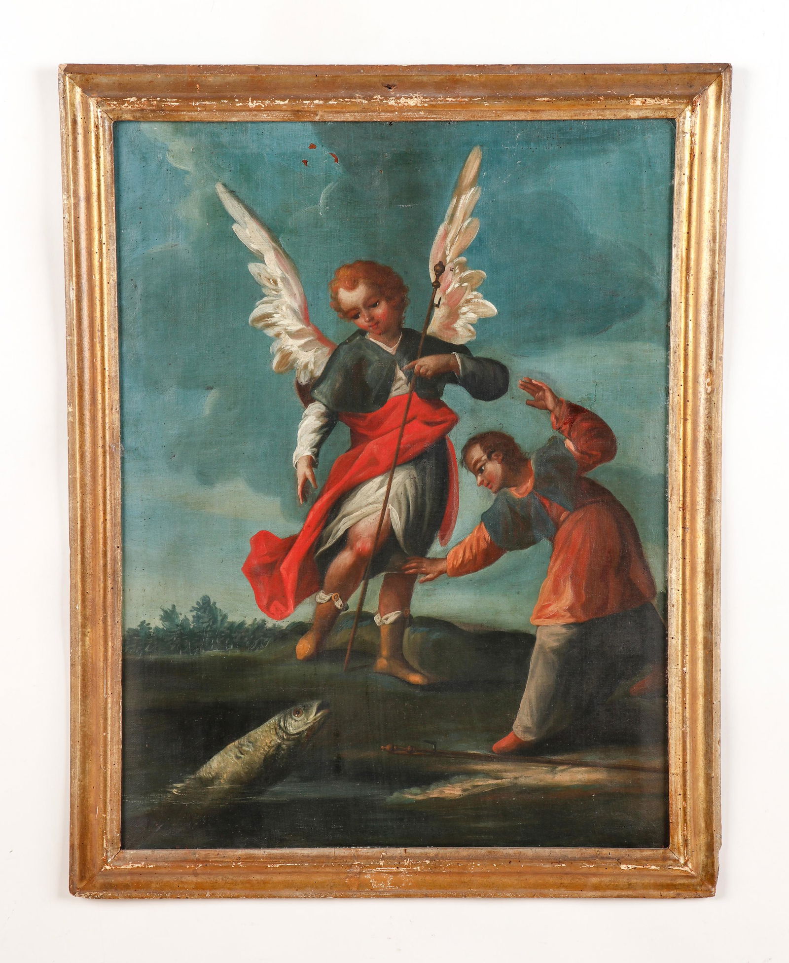 Spanish Colonial Painting, 18th C."St. Raphael and Tobias": Spanish Colonial Painting, 18th C. "St. Raphael and Tobias," oil painting on canvas. Framed. Size: 31'' x 23.5'', 79 x 60 cm (stretcher); 34.5'' x 27.5'', 88 x 70 cm (frame). Exhibition Location: Oakw