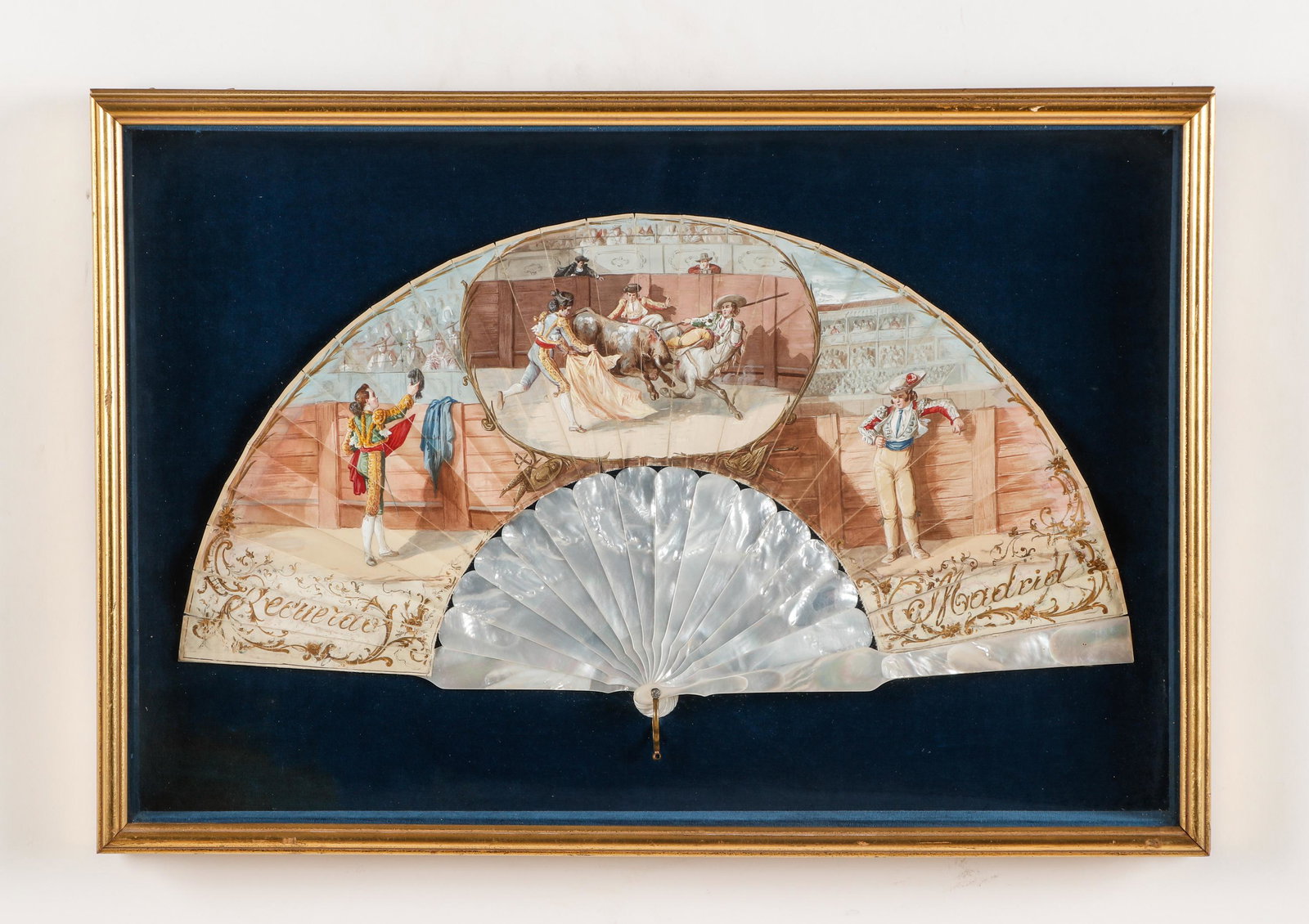 Antique Spanish Fan in Shadowbox Frame: Antique Spanish Fan in Shadowbox Frame. Mother-of-pearl and hand-painted bullfighting scenes, inscribed: "Recuerda" and "Madrid." Size: 17'' x 25'', 43 x 64 cm (frame). Exhibition and Post-Auction Pic