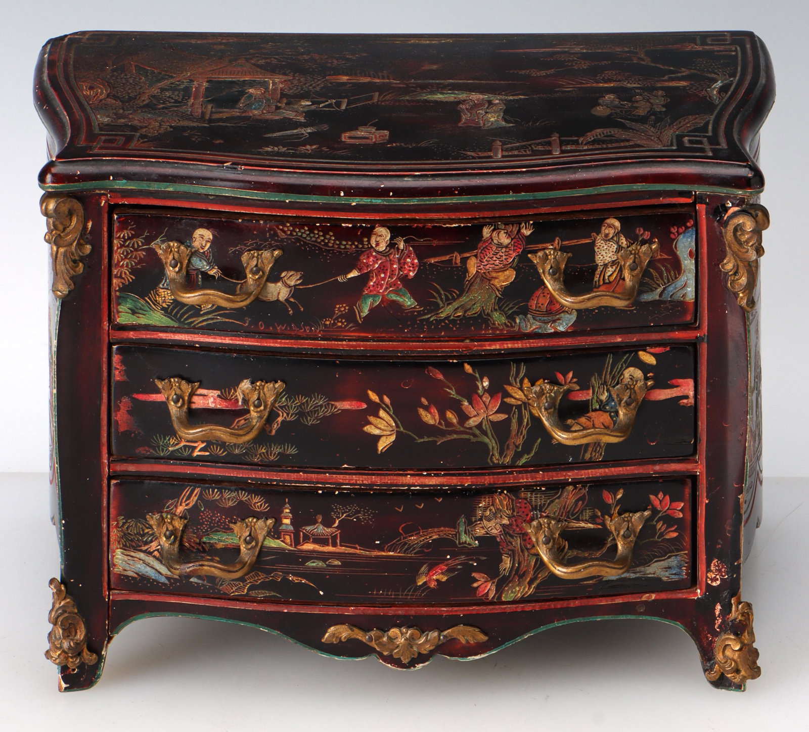 Antique Miniature Louis XV Style Gilt Bronze Mounted Chinoiserie 3-Drawer Commode: Antique Miniature Louis XV Style Gilt Bronze Mounted Chinoiserie 3-Drawer Commode. Of slight serpentine bombe form containing three drawers, the top, front and sides set with chinoiserie lacquer decor