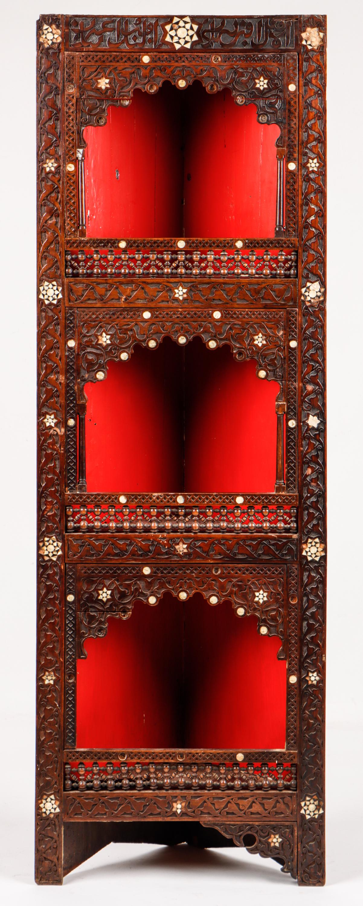 Antique Syrian Carved and Inlaid Corner Cabinet, Ht. 71": Antique Syrian Carved and Inlaid Corner Cabinet. Size: 71'' x 23.75'' x 16.5'' (180 x 60 x 42 cm). Exhibition and Post-Auction Pickup Location: Material Culture, 4700 Wissahickon Ave., Philadelphia PA