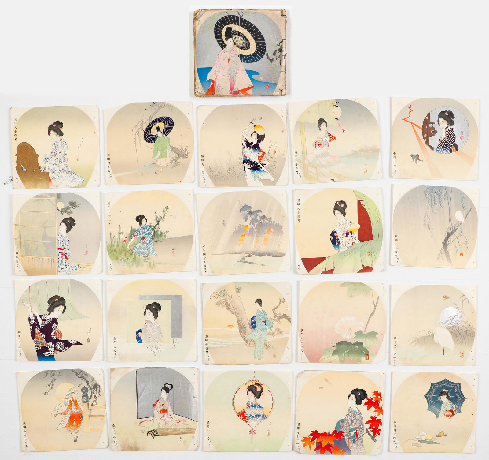 Collection of Japanese Antique Woodblock Fan Prints, Meiji Period, Late 18th/19th C.: Collection of Japanese Antique Woodblock Fan Prints, Meiji Period, Late 18th/19th C. Ink on rice paper. Signed. Provenance: Private Collection, Kyoto, Japan. Size: Each 9'' x 9.75'', 23 x 25 cm (sheet