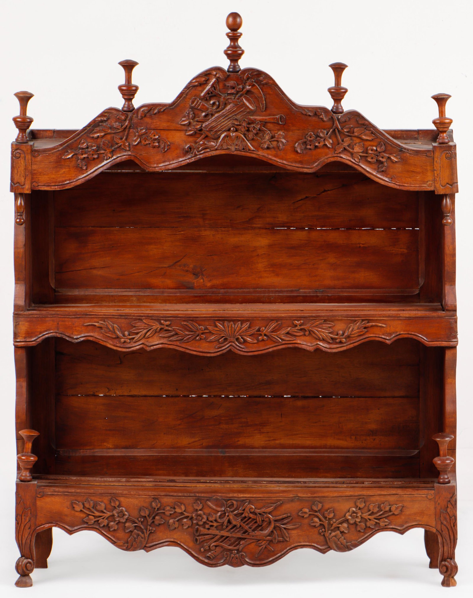 A French Provincial Carved Walnut Open Panetiere, 19th C.: A French Provincial Carved Walnut Open Panetiere, 19th C. Size: 51'' x 39'' x 9'' (130 x 99 x 23 cm). Exhibition and Post-Auction Pickup Location: Material Culture, 4700 Wissahickon Ave., Philadelphia