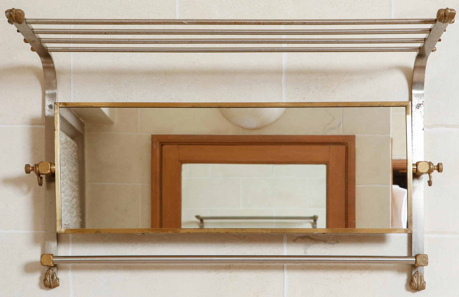 Steel and Brass Bathroom Mirrored Shelf: Steel and Brass Bathroom Mirrored Shelf. Size: 32'' x 20'' x 13'' (81 x 51 x 33 cm). Exhibition and Post-Auction Pickup Location: Oakwell Estate, 1835 County Line Rd., Villanova, PA, 19085. Provenance