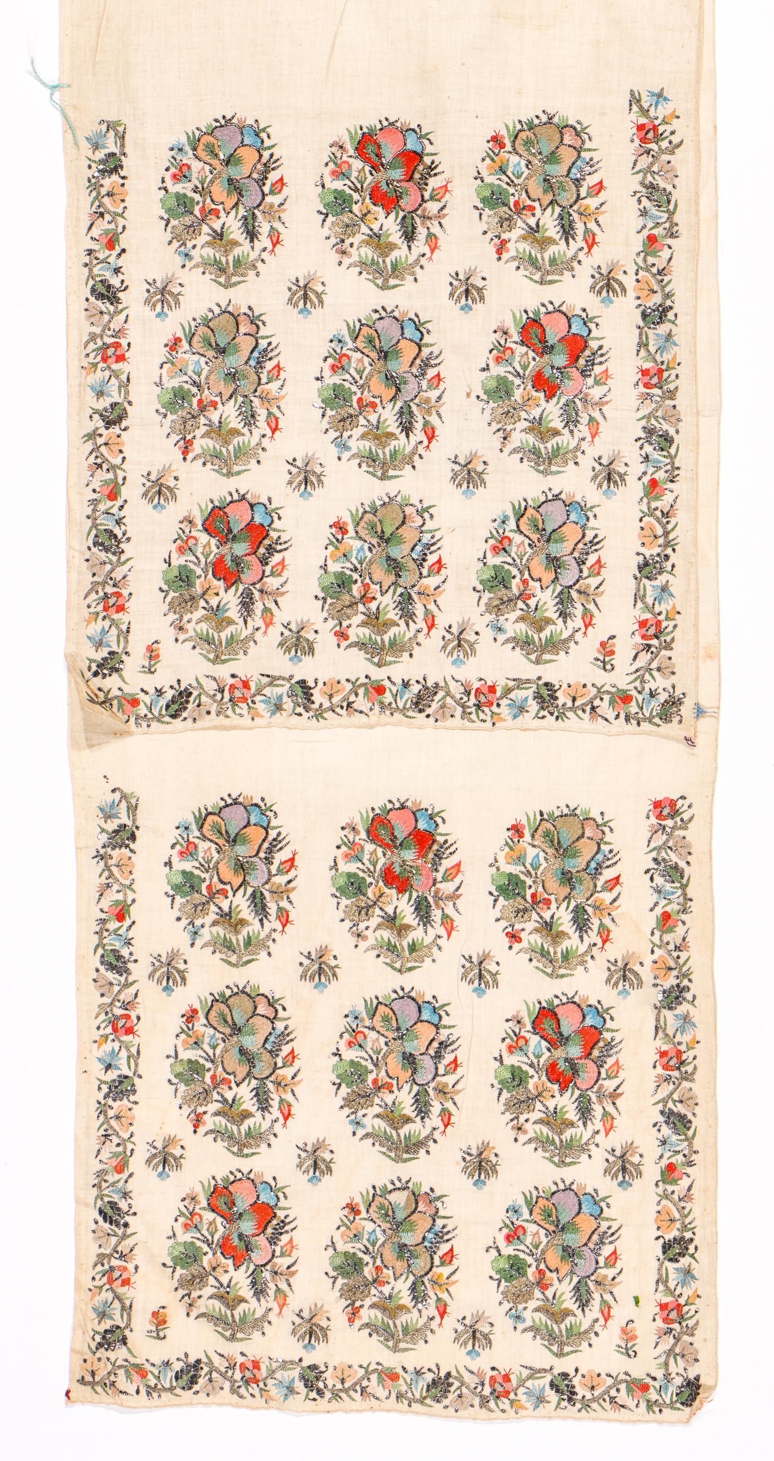 Antique Turkish Embroidered Towel, 19th C.: Antique Turkish Embroidered Towel, 19th C. Size: 15'' x 91'' (38 x 231 cm). Silk and metal thread on handspun cotton ground. Exhibition and Post-Auction Pickup Location: Material Culture, 4700 Wissahi