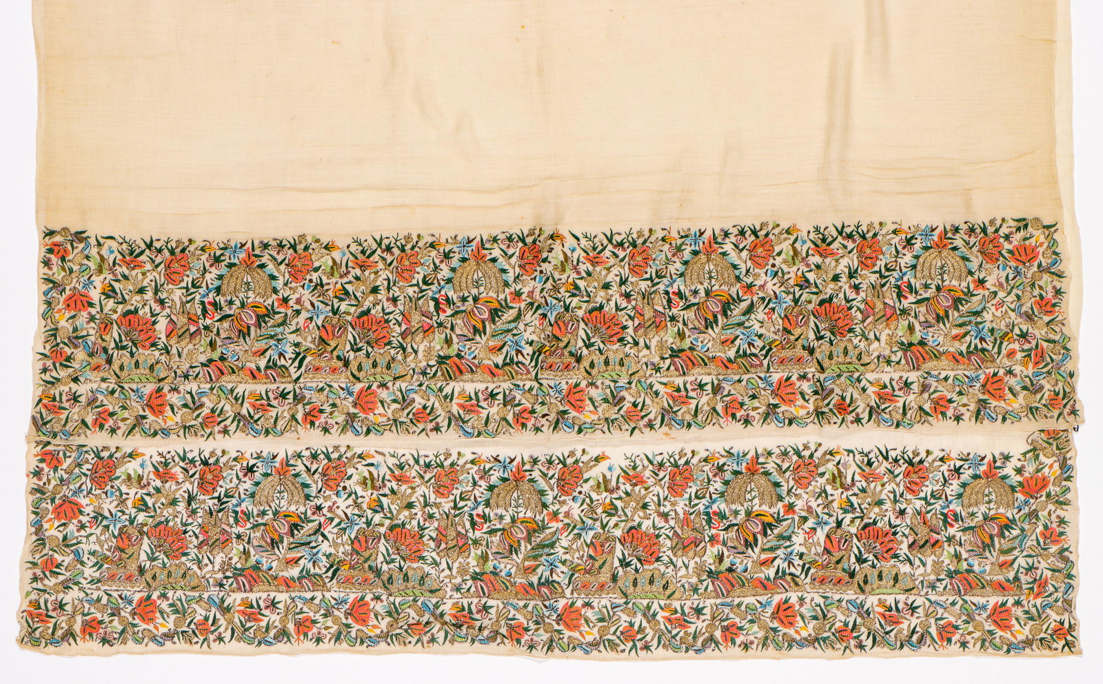 Antique Turkish Embroidered Towel, 19th C.: Antique Turkish Embroidered Towel, 19th C. Size: 39'' x 75'' (99 x 191 cm). Silk and metal thread on handspun cotton ground. Exhibition and Post-Auction Pickup Location: Material Culture, 4700 Wissahi