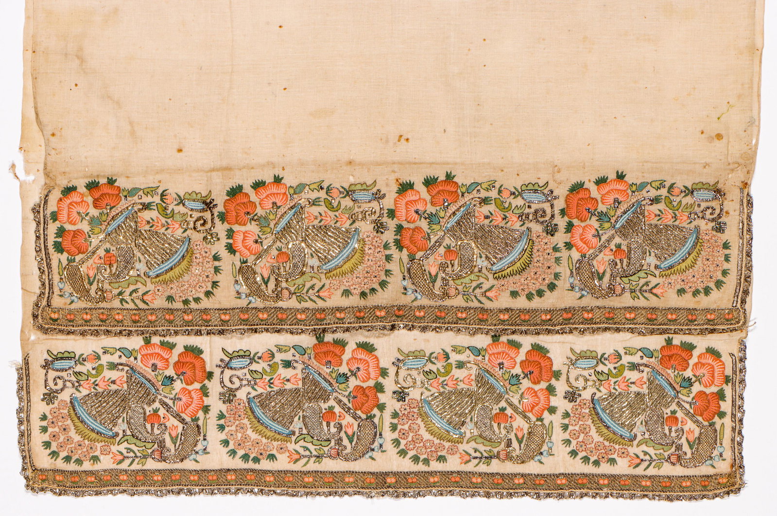 Antique Turkish Embroidered Towel, 19th C.: Antique Turkish Embroidered Towel, 19th C. Size: 30'' x 64.5'' (76 x 164 cm). Silk and metal thread on handspun cotton ground. Exhibition and Post-Auction Pickup Location: Material Culture, 4700 Wissa