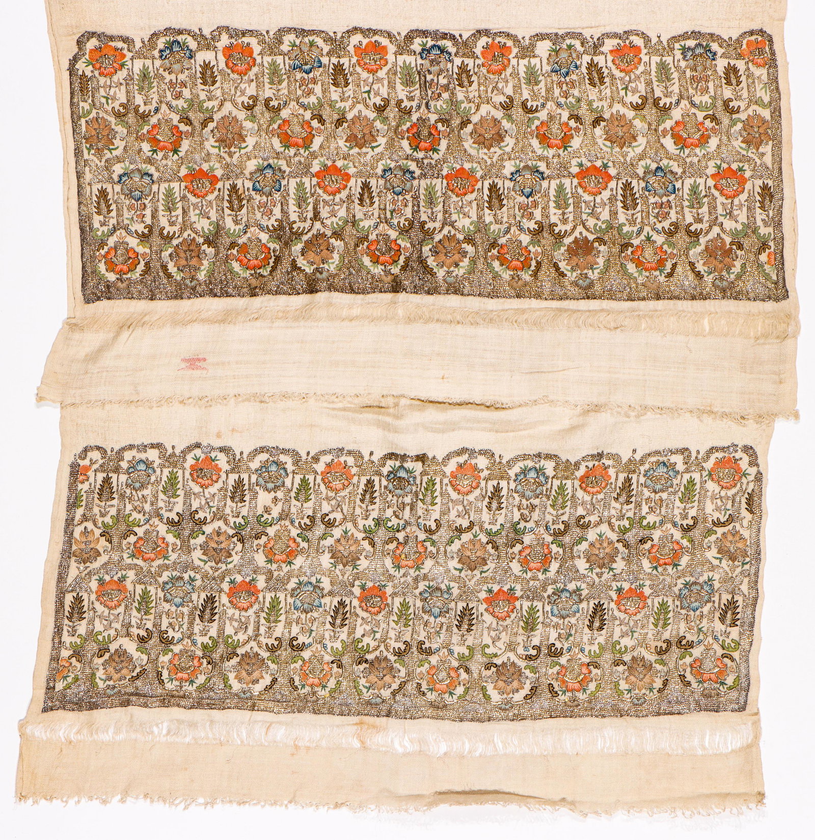 Antique Turkish Embroidered Towel, 19th C.: Antique Turkish Embroidered Towel, 19th C. Size: 31'' x 73'' (79 x 185 cm). Silk and metal thread on handspun cotton ground. Exhibition and Post-Auction Pickup Location: Material Culture, 4700 Wissahi