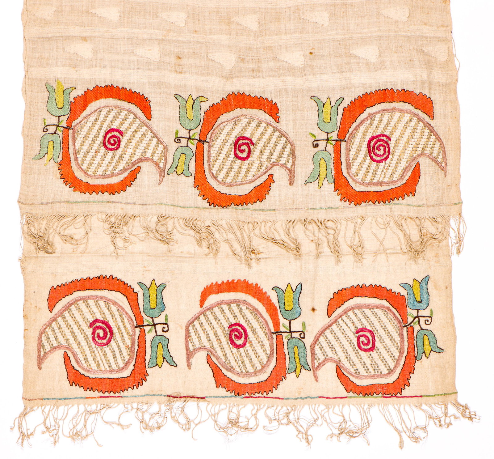Antique Turkish Embroidered Towel, 19th C.: Antique Turkish Embroidered Towel, 19th C. Size: 25.5'' x 52.5'' (65 x 133 cm). Silk and metal thread on handspun cotton ground. Exhibition and Post-Auction Pickup Location: Material Culture, 4700 Wis
