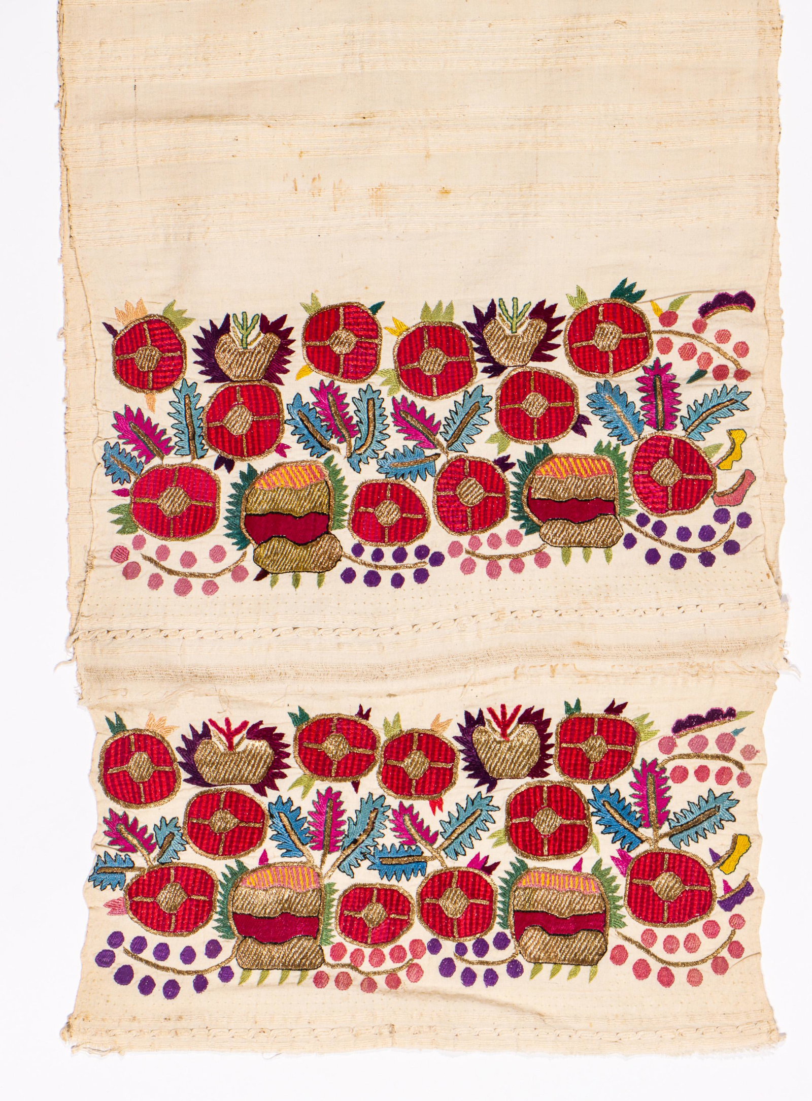 Antique Turkish Embroidered Towel, 19th C.: Antique Turkish Embroidered Towel, 19th C. Size: 19'' x 66'' (48 x 168 cm). Silk and metal thread on handspun cotton ground. Exhibition and Post-Auction Pickup Location: Material Culture, 4700 Wissahi