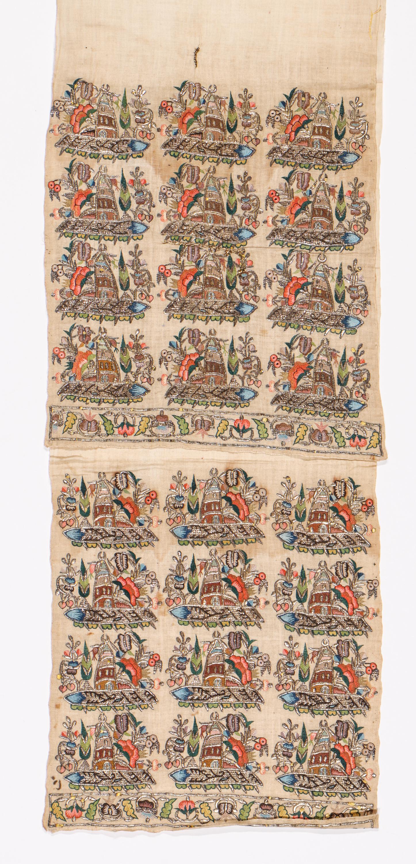 Antique Turkish Embroidered Towel, 19th C.: Antique Turkish Embroidered Towel, 19th C. Size: 12.5'' x 84'' (32 x 213 cm). Silk and metal thread on handspun cotton ground. Exhibition and Post-Auction Pickup Location: Material Culture, 4700 Wissa
