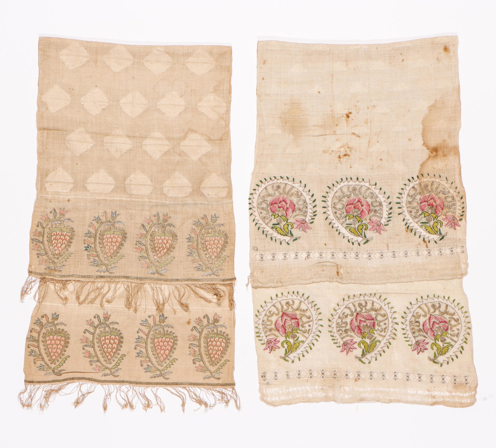 2 Antique Turkish Embroidered Towels, 19th C.: 2 Antique Turkish Embroidered Towels, 19th C. Size: 1) 18.5'' x 53.5'' (47 x 136 cm); 2) 18'' x 51'' (46 x 130 cm). Silk and metal thread on handspun cotton ground. Exhibition and Post-Auction Pickup 
