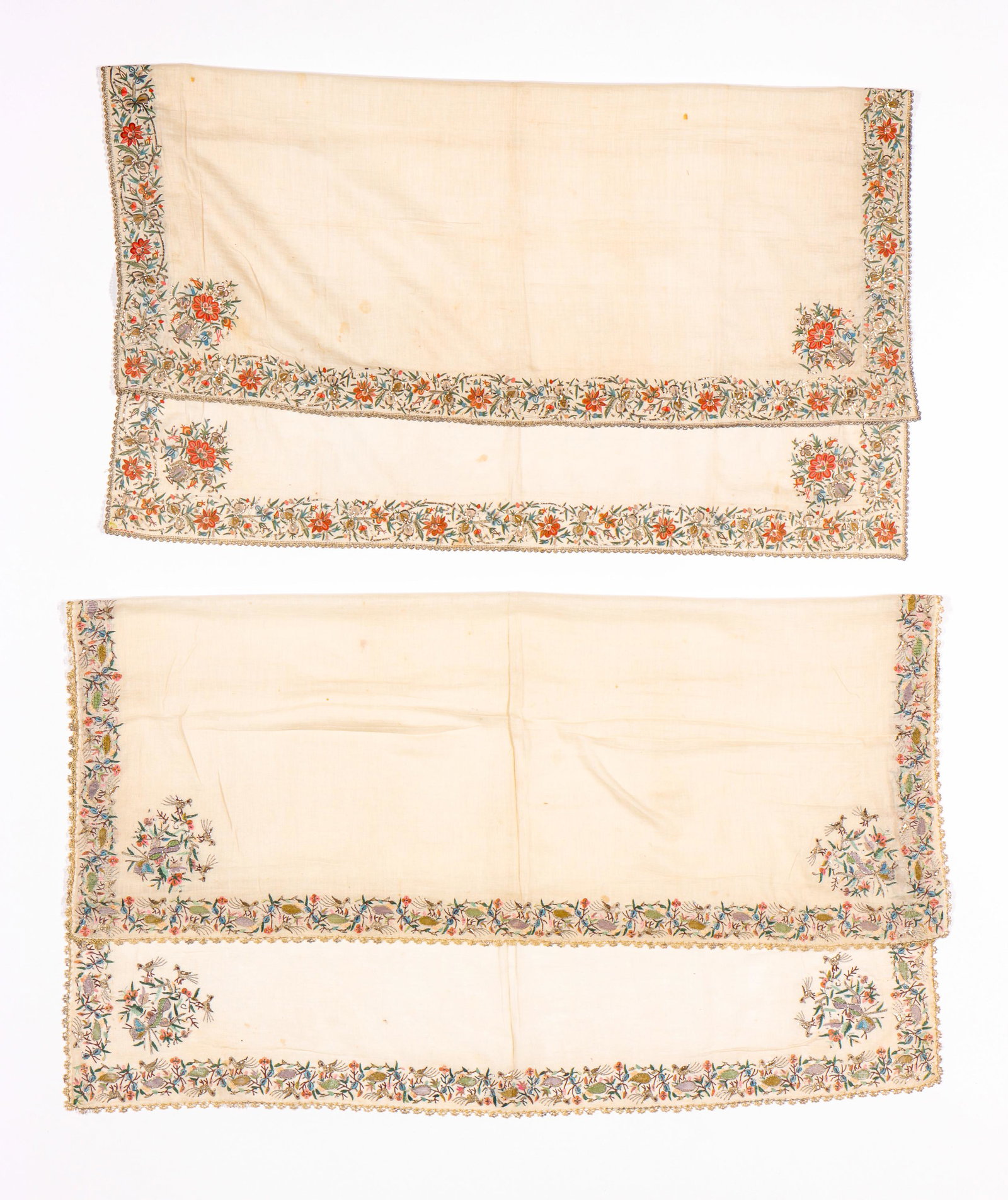Antique Turkish Embroidered Towel, 19th C.: Antique Turkish Embroidered Towel, 19th C. Size: 1) 36'' x 35'' (91 x 89 cm); 2) 38'' x 38'' (97 x 97 cm). Silk and metal thread on handspun cotton ground. Exhibition and Post-Auction Pickup Location: