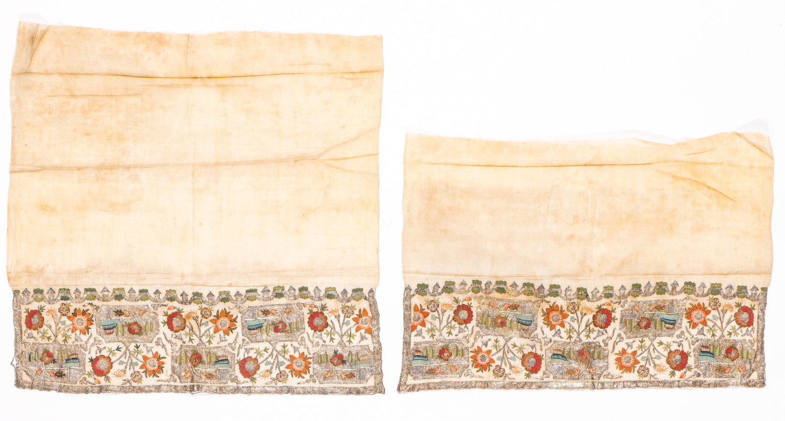 2 Antique Turkish Embroidered Towels, 19th C.: 2 Antique Turkish Embroidered Towels, 19th C. Size: 1) 20.5'' x 14.5'' (52 x 37 cm); 2) 20'' x 20.5'' (51 x 52 cm). Silk and metal thread on handspun cotton ground. Exhibition and Post-Auction Pickup 
