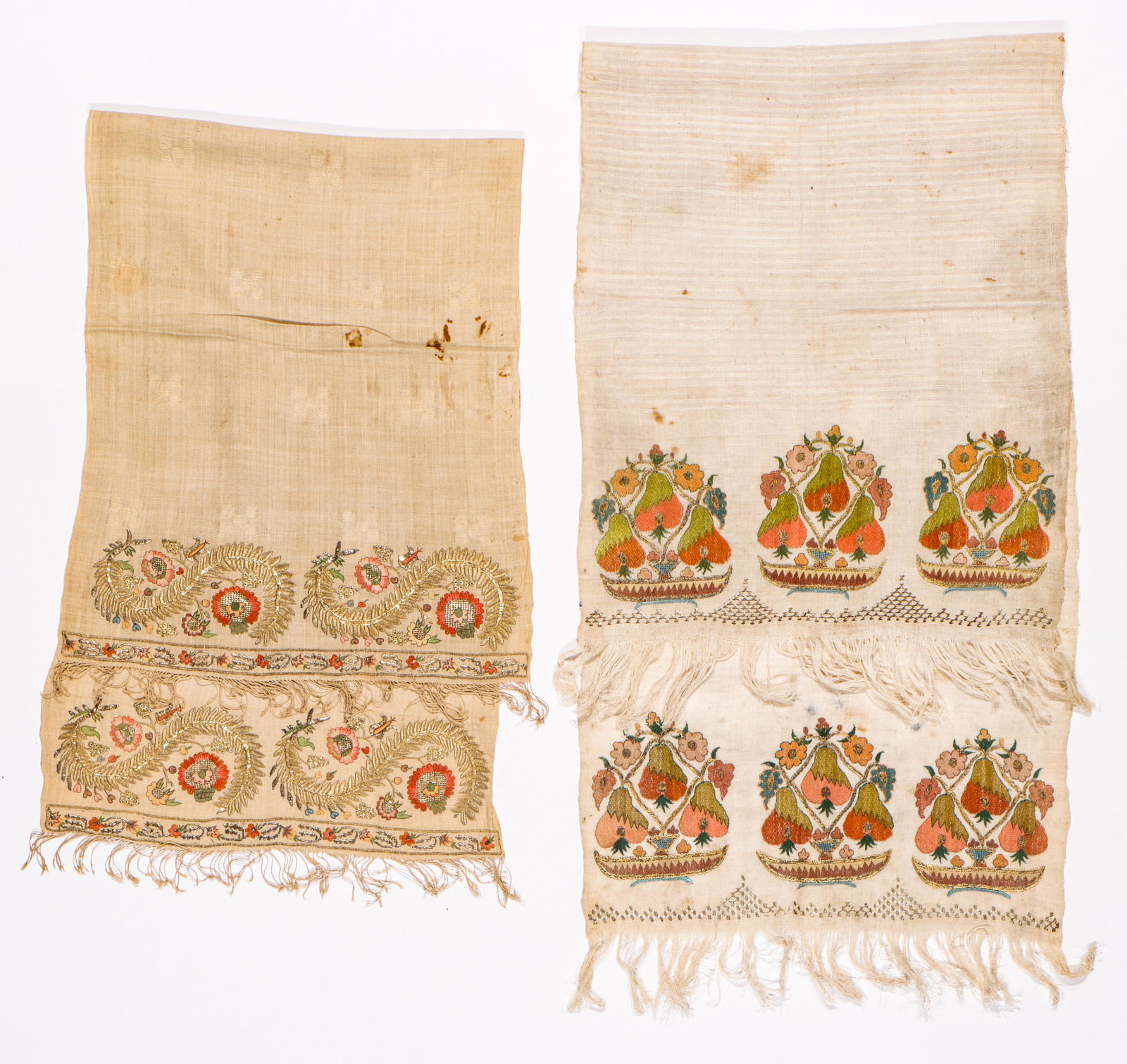 2 Antique Turkish Embroidered Towels, 19th C.: 2 Antique Turkish Embroidered Towels, 19th C. Size: 1) 18'' x 56.5'' (46 x 144 cm); 2) 17'' x 48'' (43 x 122 cm). Silk and metal thread on handspun cotton ground. Exhibition and Post-Auction Pickup Lo