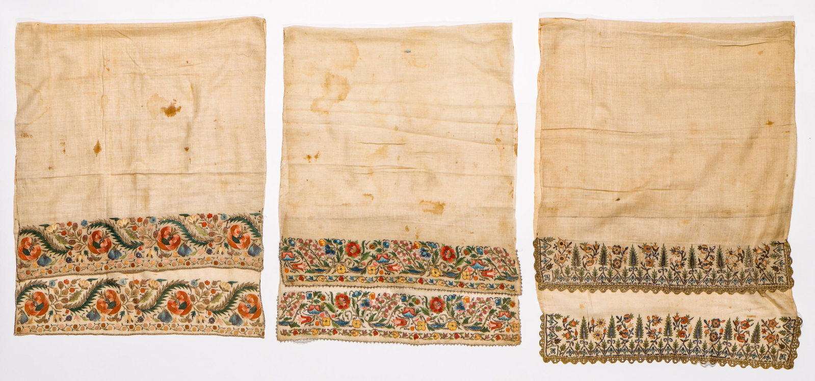 3 Antique Turkish Embroidered Towels, 19th C.: 3 Antique Turkish Embroidered Towels, 19th C. Size: Ranging from 20'' x 46'' (51 x 117 cm) to 20.5'' x 50'' (52 x 127 cm). Silk and metal thread on handspun cotton ground. Exhibition and Post-Auction 