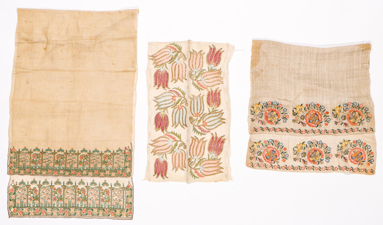 3 Antique Turkish Embroidered Towels, 19th C.: 3 Antique Turkish Embroidered Towels, 19th C. Size: Ranging from 12'' x 20'' (30 x 51 cm) to 17'' x 54.5'' (43 x 138 cm). Silk and metal thread on handspun cotton ground. Exhibition and Post-Auction P