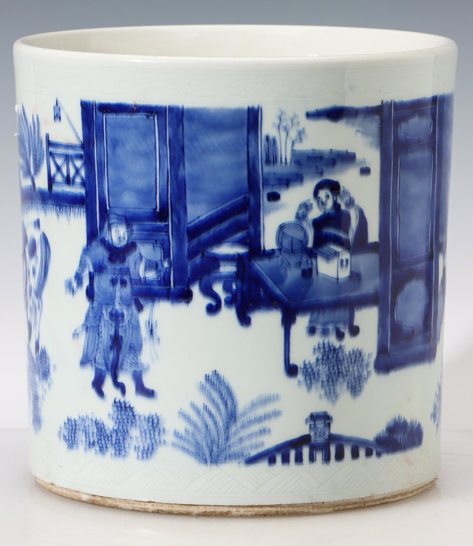 Chinese Blue And White Brush Pot: Chinese Blue And White Brush Pot. Interior scene with figures. Unmarked. Size: 7.75'' x 7.75'' x 7.75'' (20 x 20 x 20 cm).