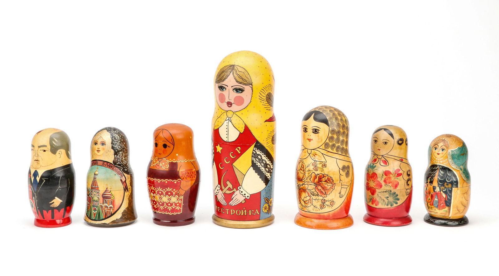 7 Sets of Russian Matryoshka Nesting Dolls: 7 Sets of Russian Matryoshka Nesting Dolls. Including one with Mikhail Gorbachev. Size: Ranging from 7'' x 3.25'' x 3.25'' (18 x 8 x 8 cm) to 13'' x 5'' x 5'' (33 x 13 x 13 cm).