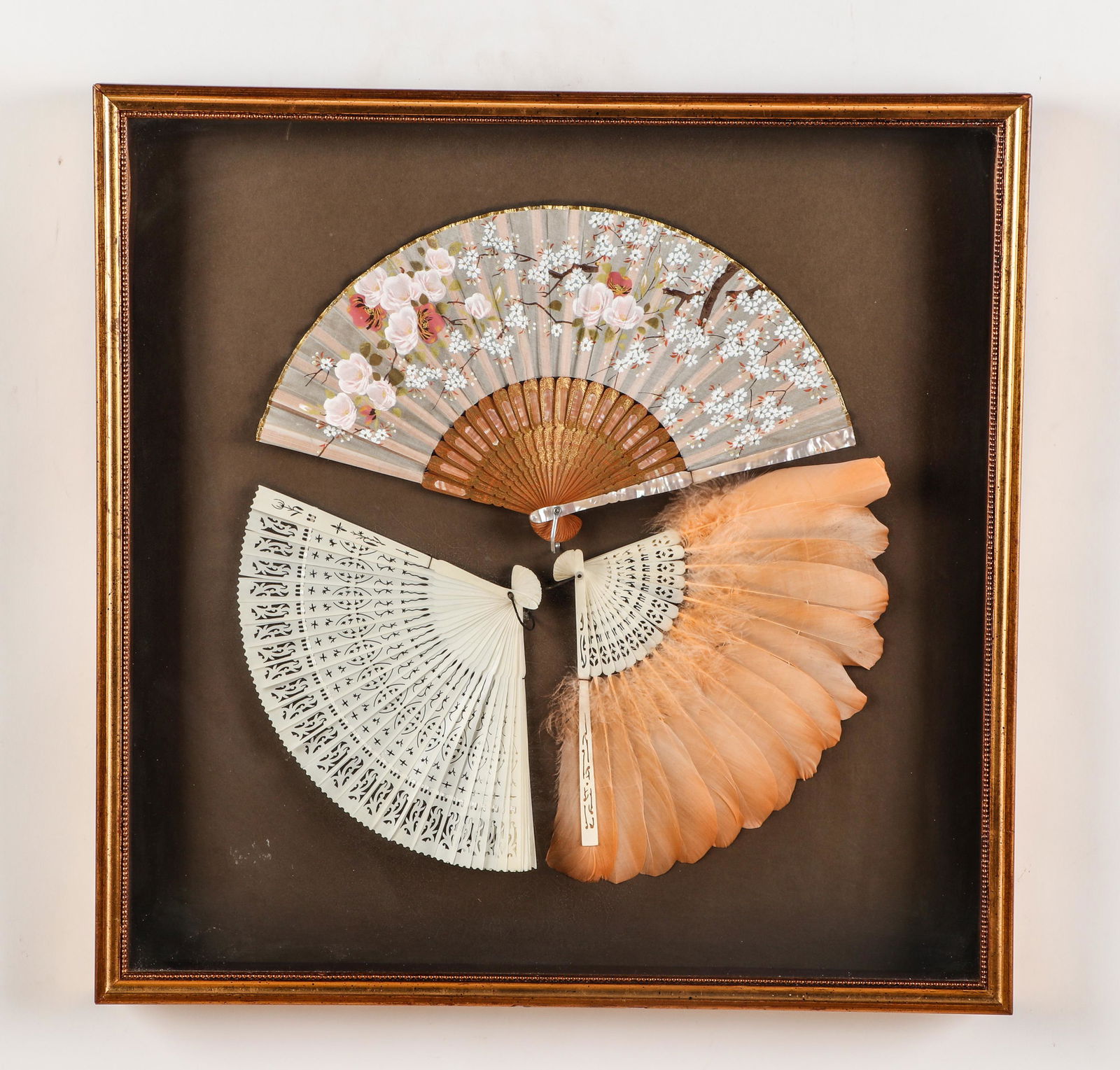 3 Antique Asian Fans in Shadow Box Frame (1 of 2)