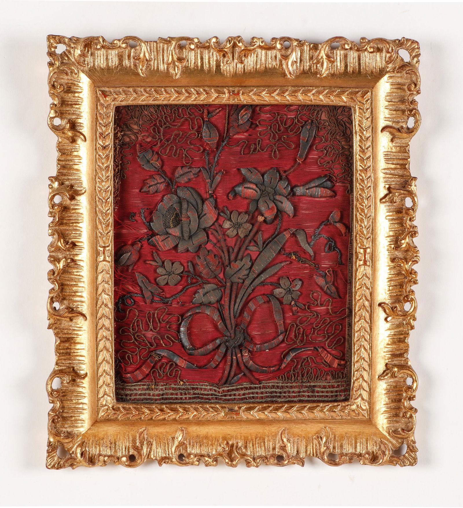 18th C. Red Silk Textile With Embroidered Silver Thread (1 of 2)