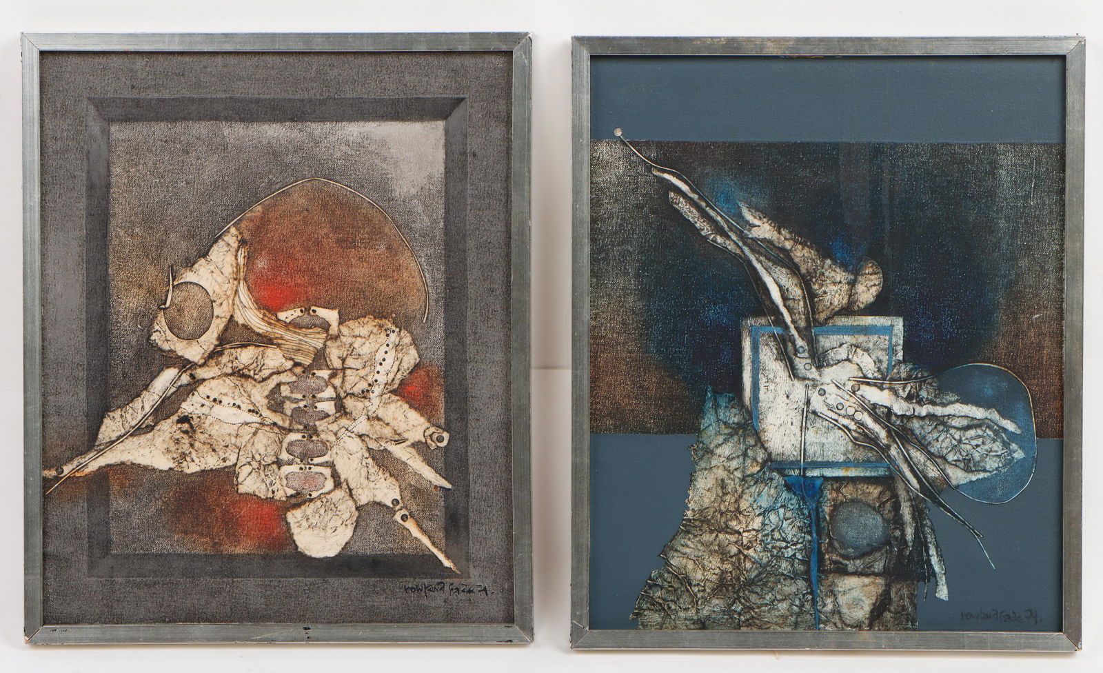 Rowland Fade (British, 1939-2017): Rowland Fade (British, 1939-2017) 2 abstract compositions, collage on canvas, both signed and dated: 1974. Framed. Size: Each 18'' x 15'', 46 x 38 cm (stretcher); 19'' x 16'', 48 x 41 cm (frame).