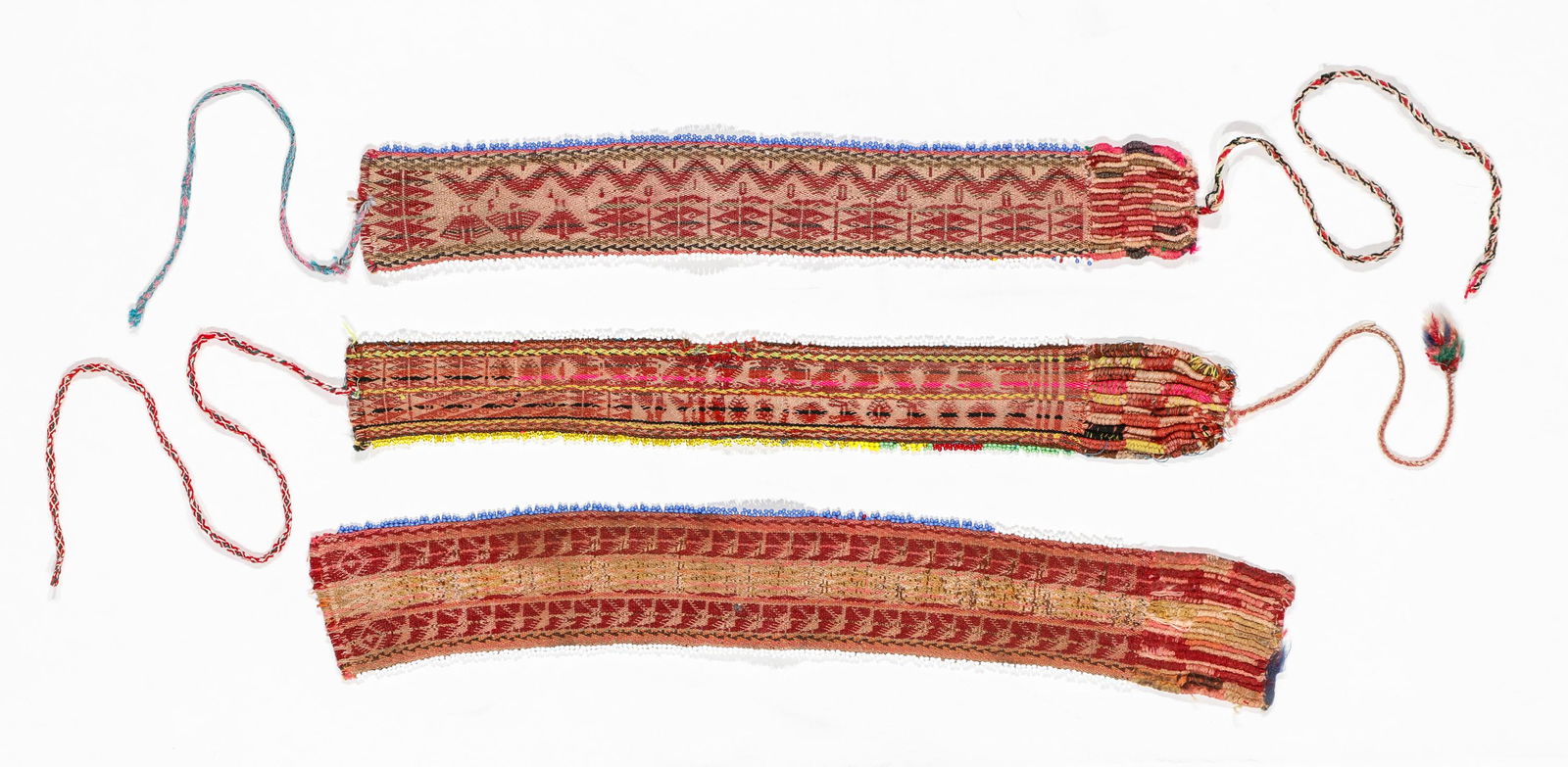 3 Vintage Ceremonial Charazani Alpaca Head Bands "Winchas" With Beads: 3 Vintage Ceremonial Charazani Alpaca Head Bands "Winchas" with beads. KaÃ±izaya ethnic group. Department La Paz. First half of the 20th century. Size range from: 18" (46 cm) to 21'' (53 cm)(length)