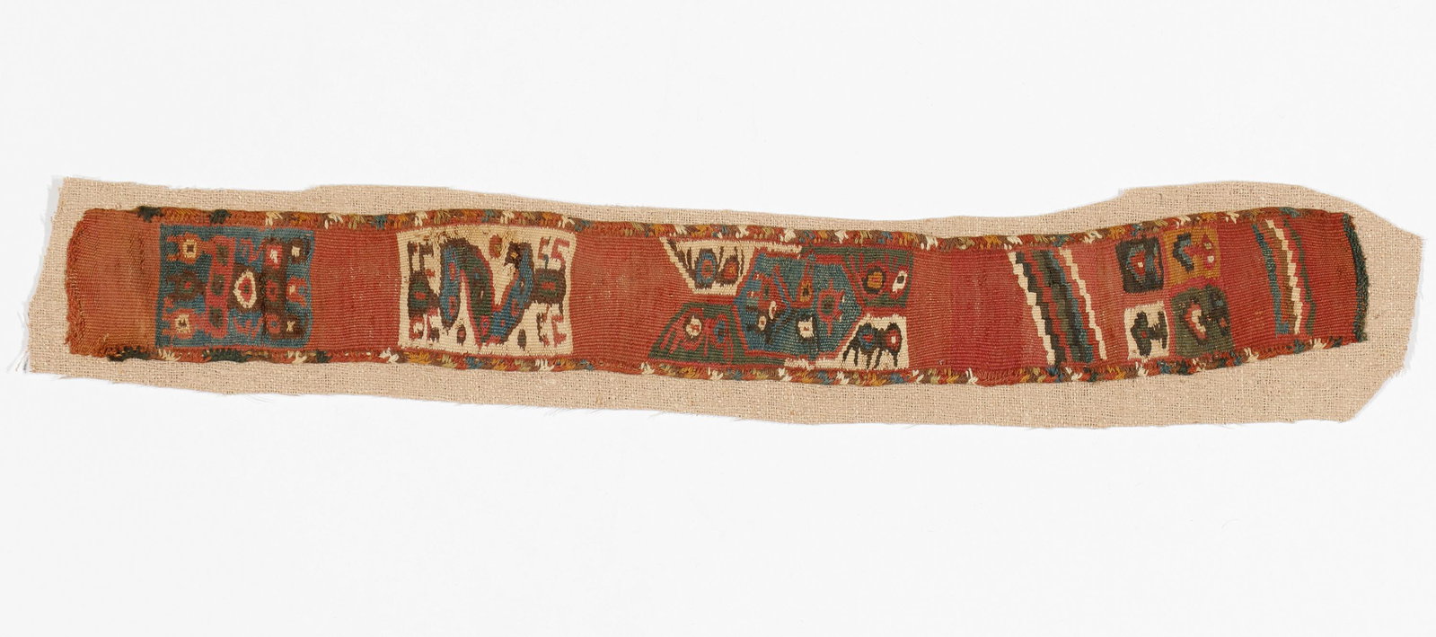 Pre-Columbian Textile/Wari Headband: Pre-Columbian Textile. Wari headband. Tapestry. Central coast, 700-1000 AD. Emphasis on the double headed serpent, a profile animal and the number "4." Size: 20'' x 3'' (51 x 8 cm).