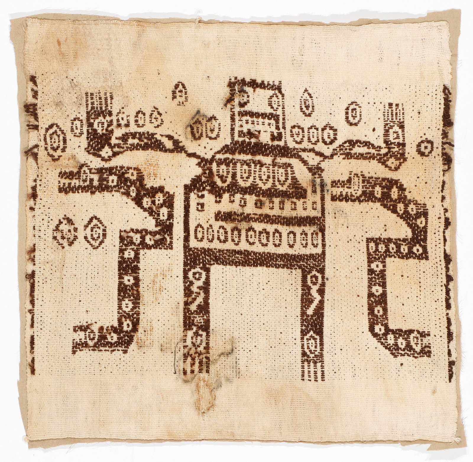 Pre-Columbian Textile, Coastal Wari Culture: Pre-Columbian Textile. Coastal Wari culture panel, 900-1200 CE. Cotton brocade with figure and double headed serpents. Size: 20.5'' x 21'' (52 x 53 cm).