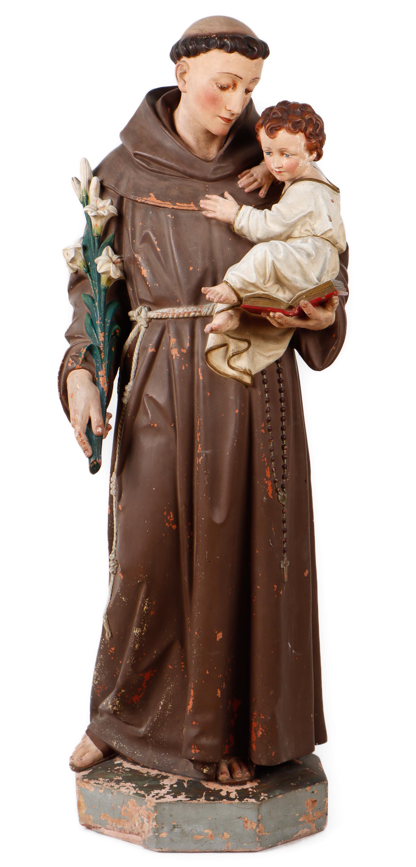 Antique Life-Size Statue of Saint Anthony of Padua Carrying the Divine Infant and a Lily (1 of 6)