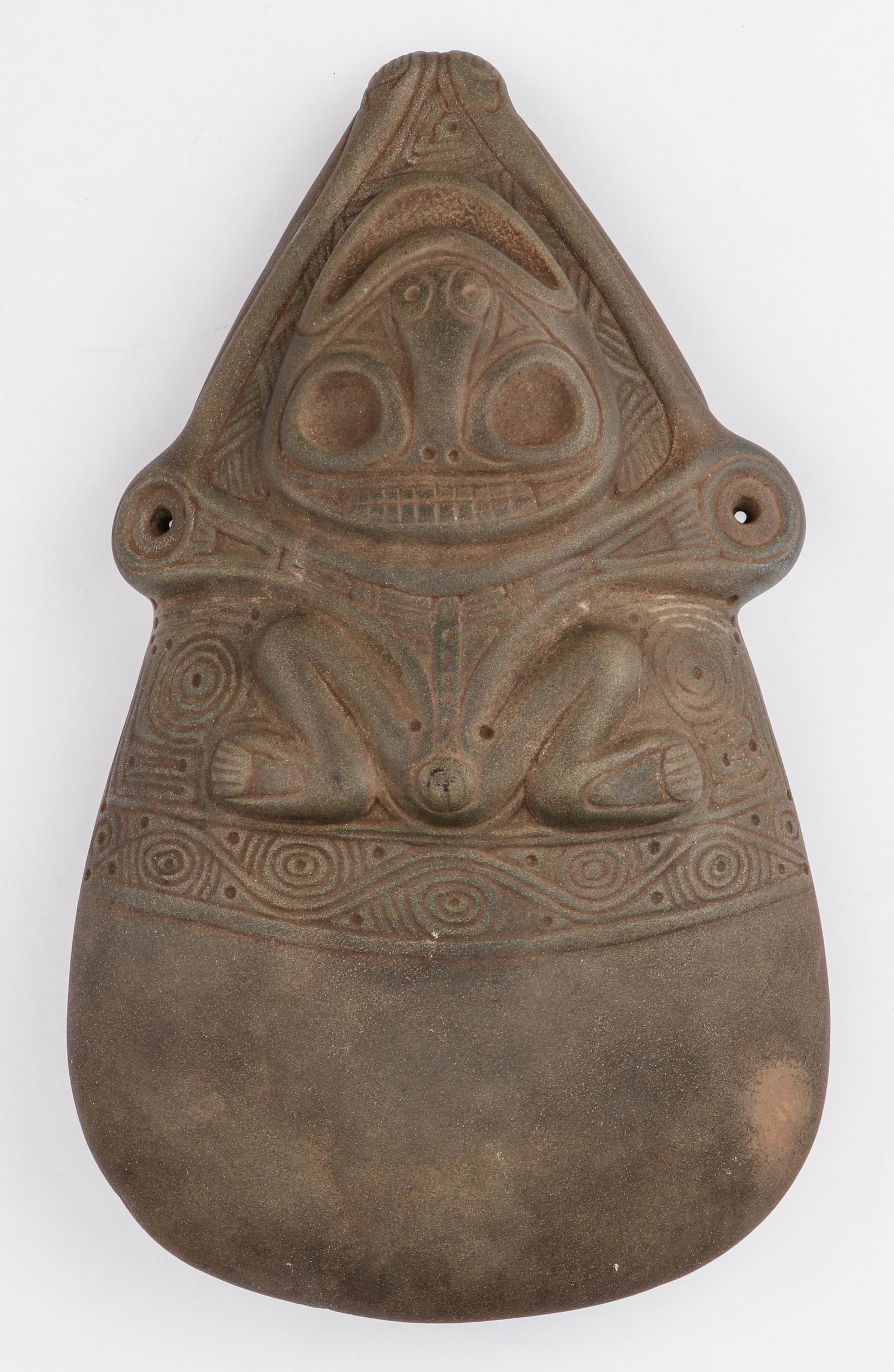 Monumental Taino Two-Faced Figural Axe: The Monumental Taino Two-Faced Figural Axe is an extraordinary masterpiece, showcasing the immense artistic skill of the Taino people. Size: 13'' x 8'' x 3.5'' (33 x 20 x 9 cm). Depicting a fascinatin