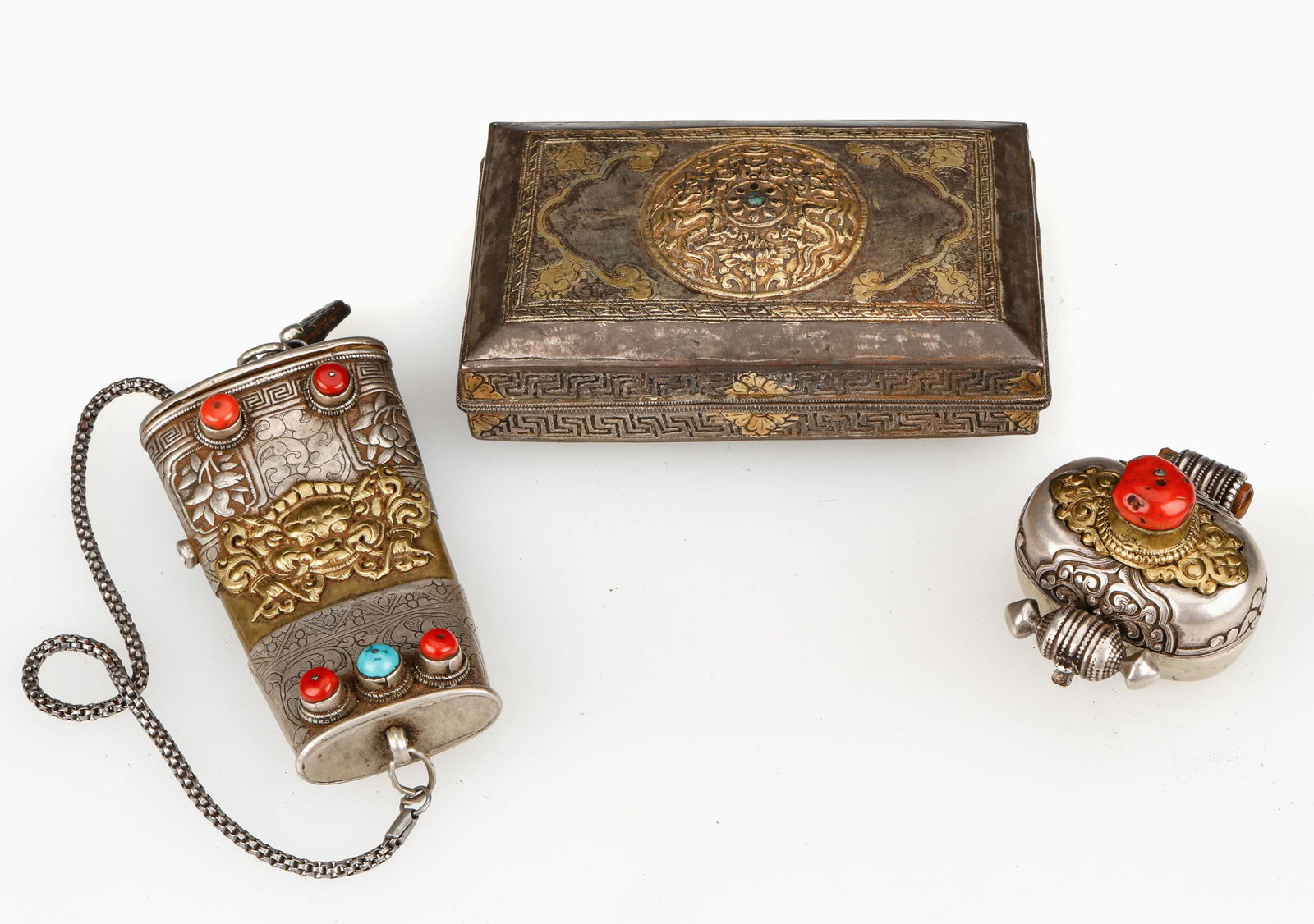 Group of 3 Antique Tibetan Silver and Gilt Boxes (1 of 6)
